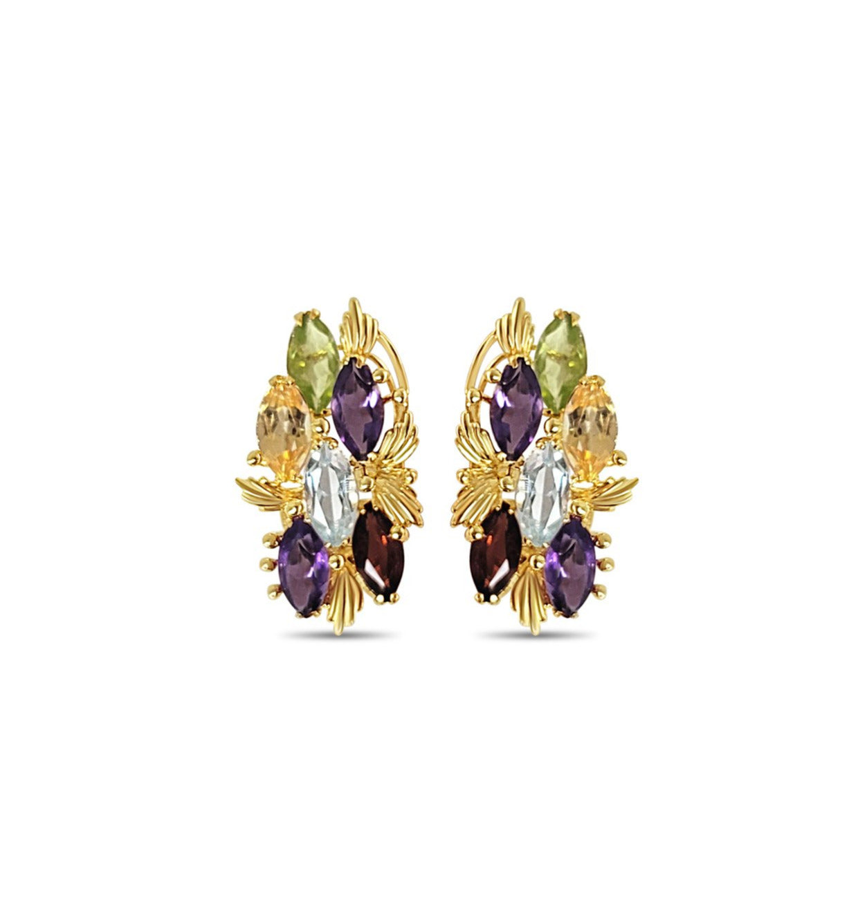 Marquise Shaped Colorful Multi-stone Clip on Earrings 5.00cttw Blue Topaz, Citrine, Amethyst, Garnet, Peridot 14k Yellow Gold