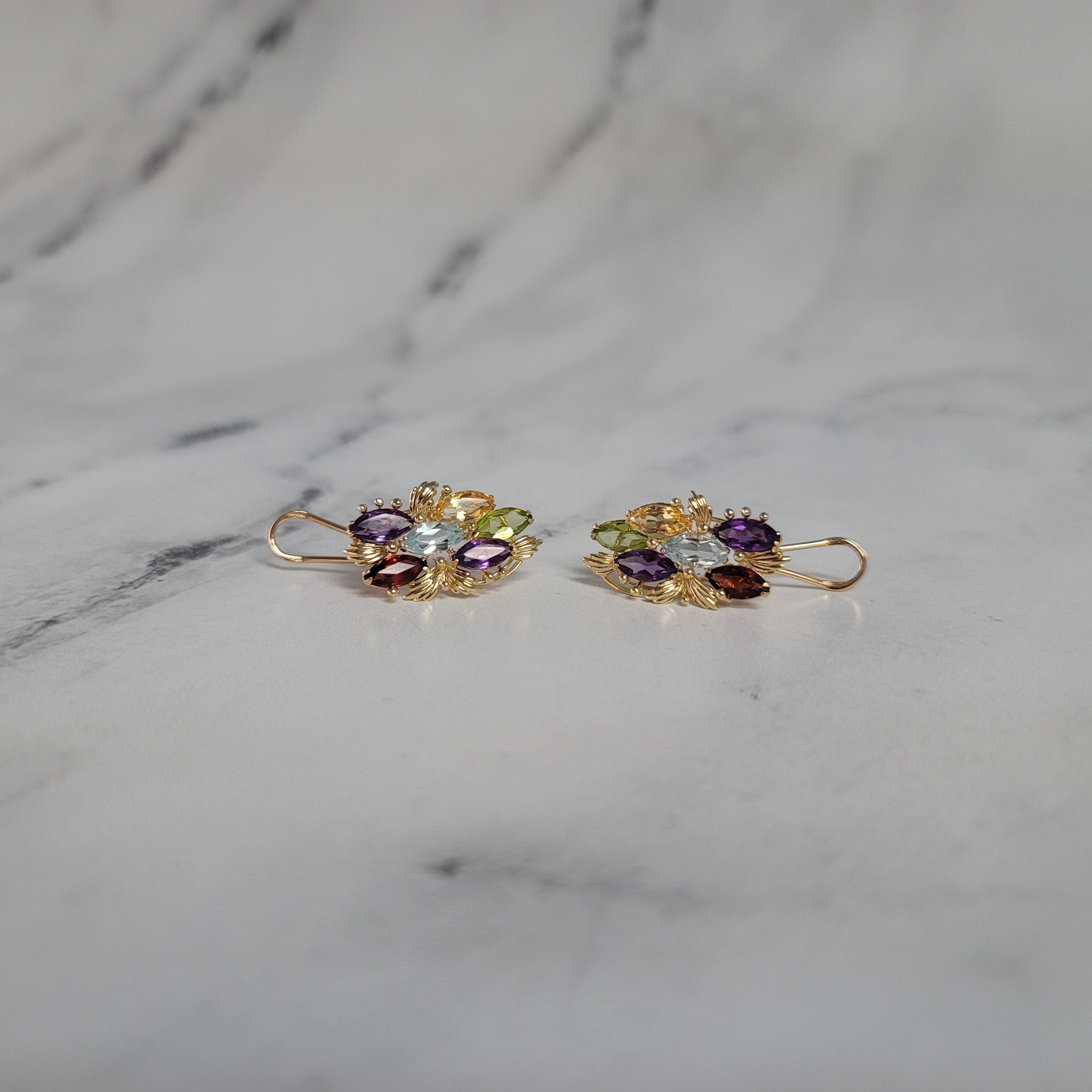 Marquise Shaped Colorful Multi-stone Clip on Earrings 5.00cttw Blue Topaz, Citrine, Amethyst, Garnet, Peridot 14k Yellow Gold