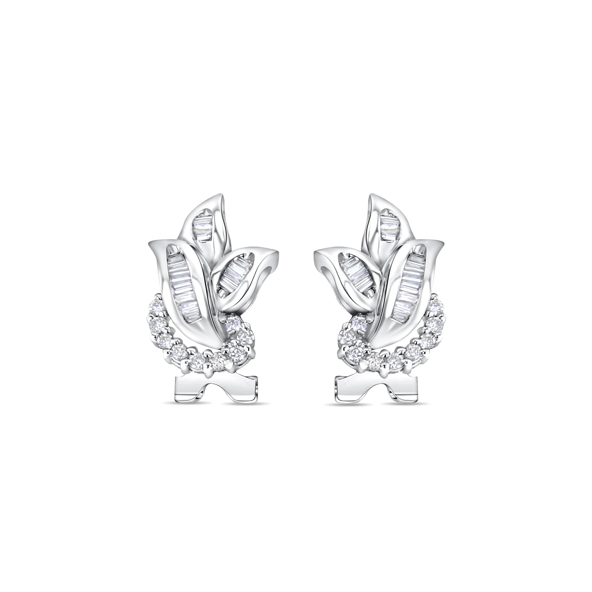 Baguette Diamond Leaf Shaped Lever Back Earrings .74cttw 14k White Gold