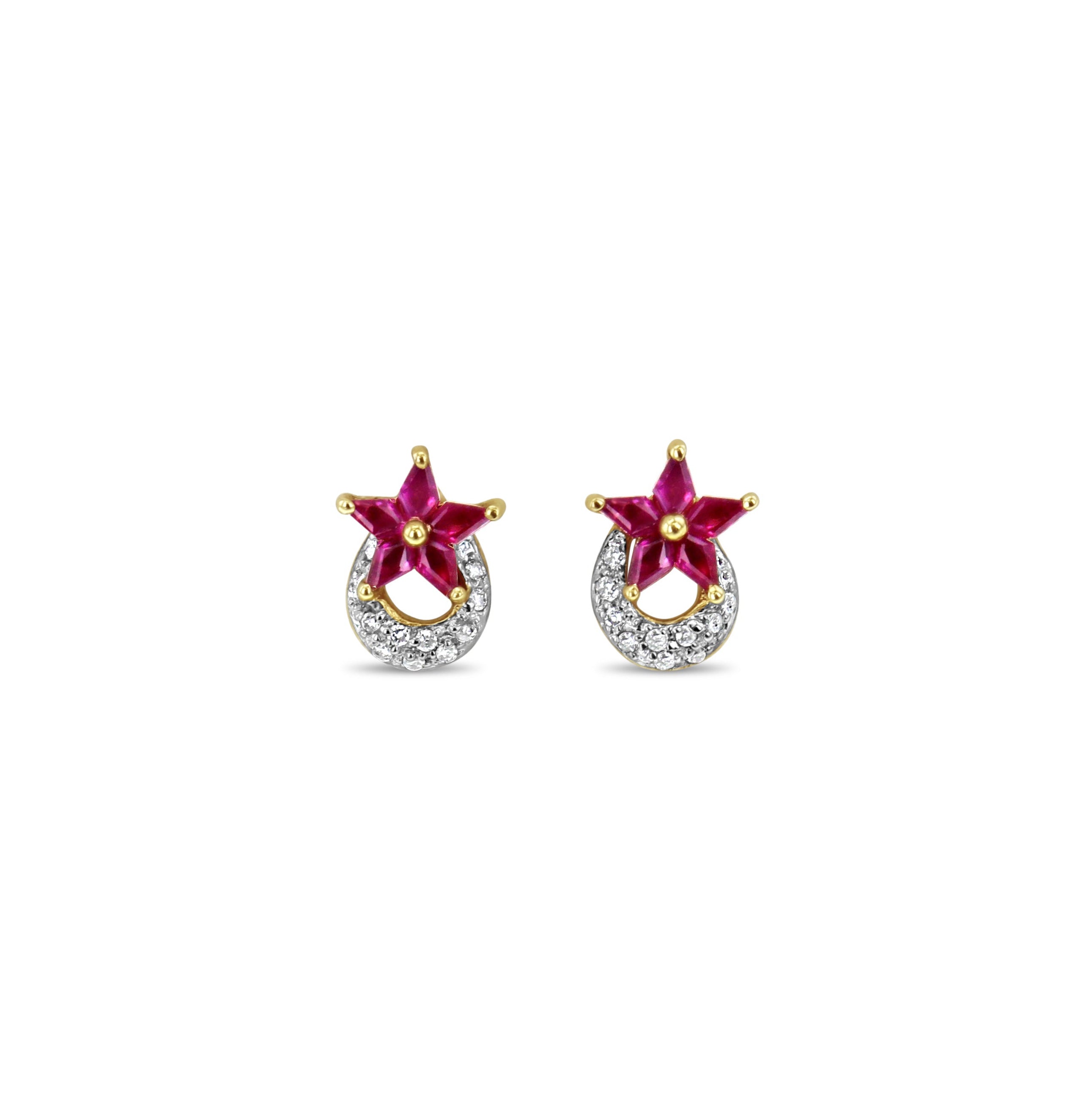 Briolette Ruby Star Shaped & Diamond Pave Crescent Studs 1.04cttw 14k Yellow Gold