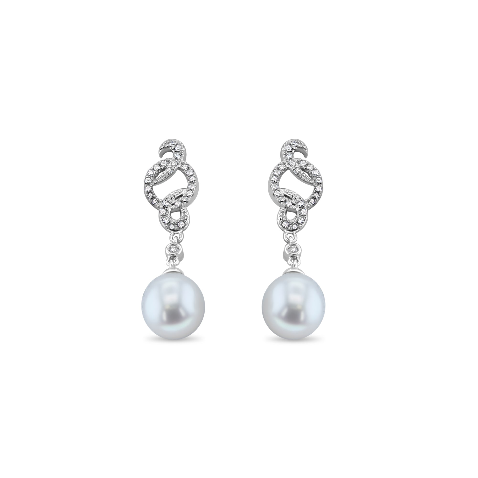 Diamond Pave & Pearl Drop Earrings .21cttw 14k White Gold