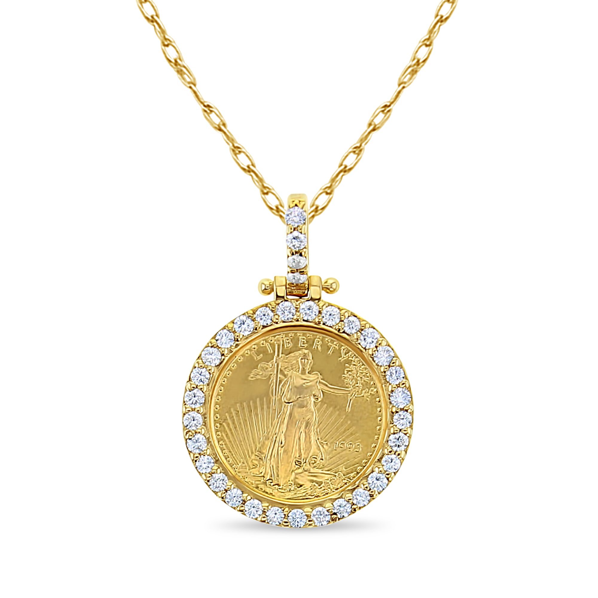 Shared Prong 1/10OZ Lady Liberty Diamond Halo Necklace