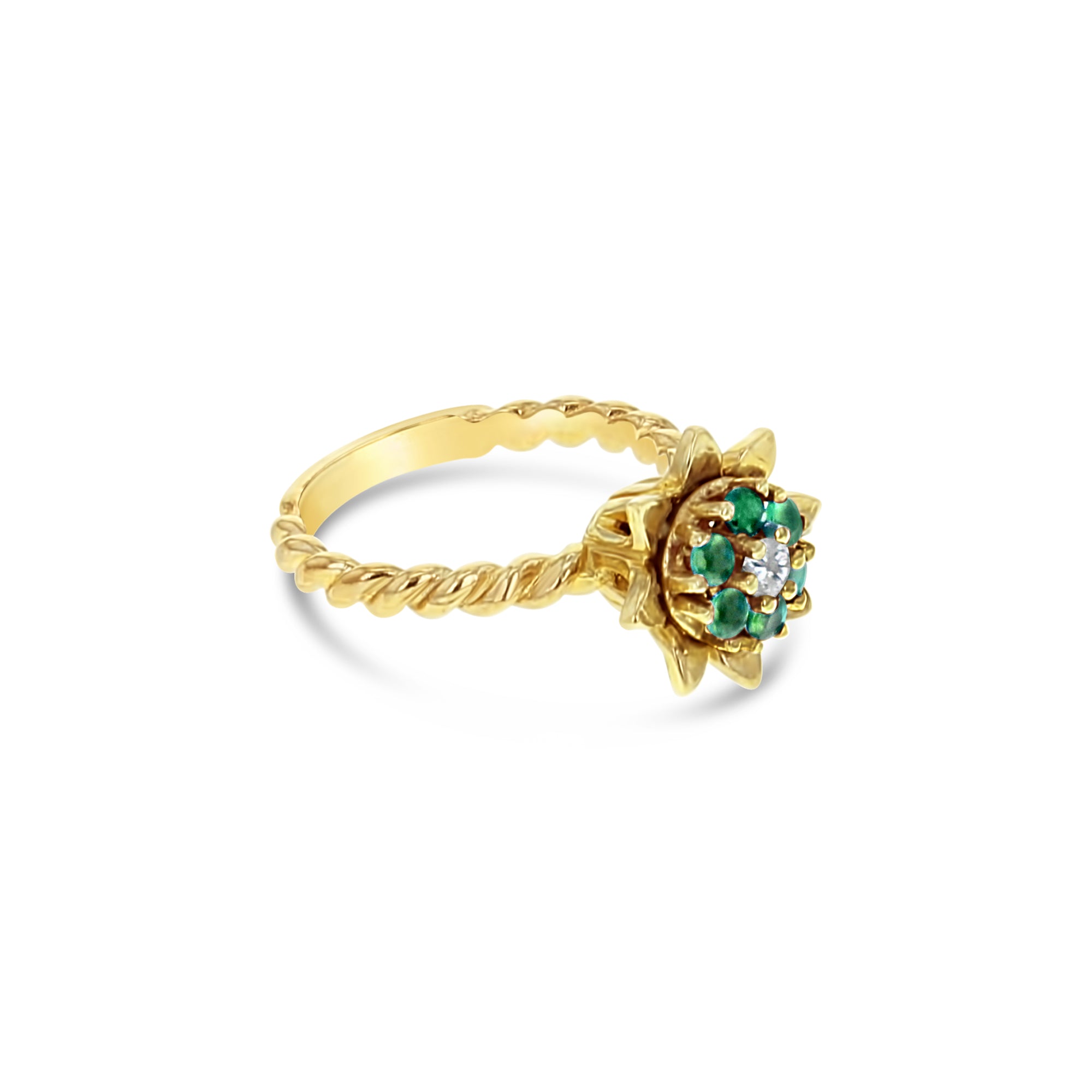Anillo mediano de tulipán y esmeralda en oro amarillo de 14 k