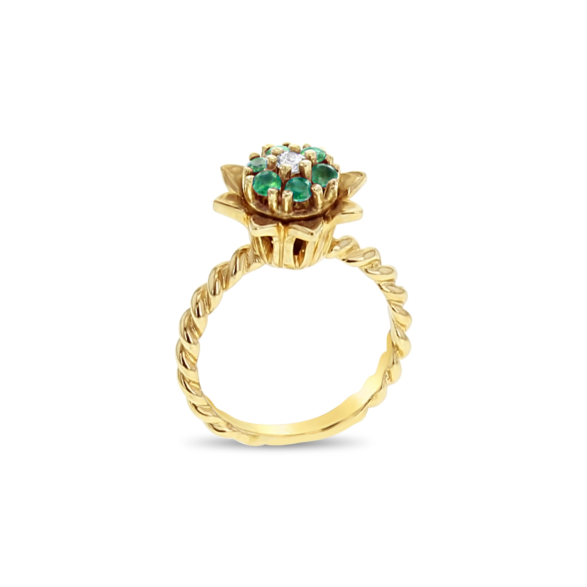 Anillo mediano de tulipán y esmeralda en oro amarillo de 14 k