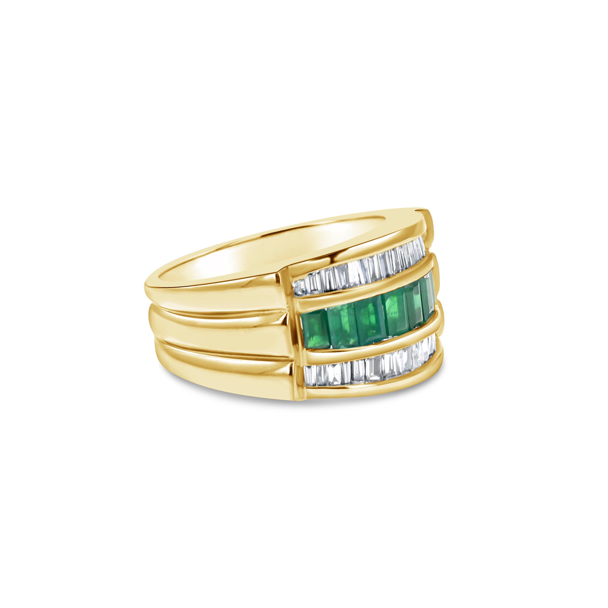 Anillo de cóctel con diamantes de talla baguette y esmeralda de 2 quilates