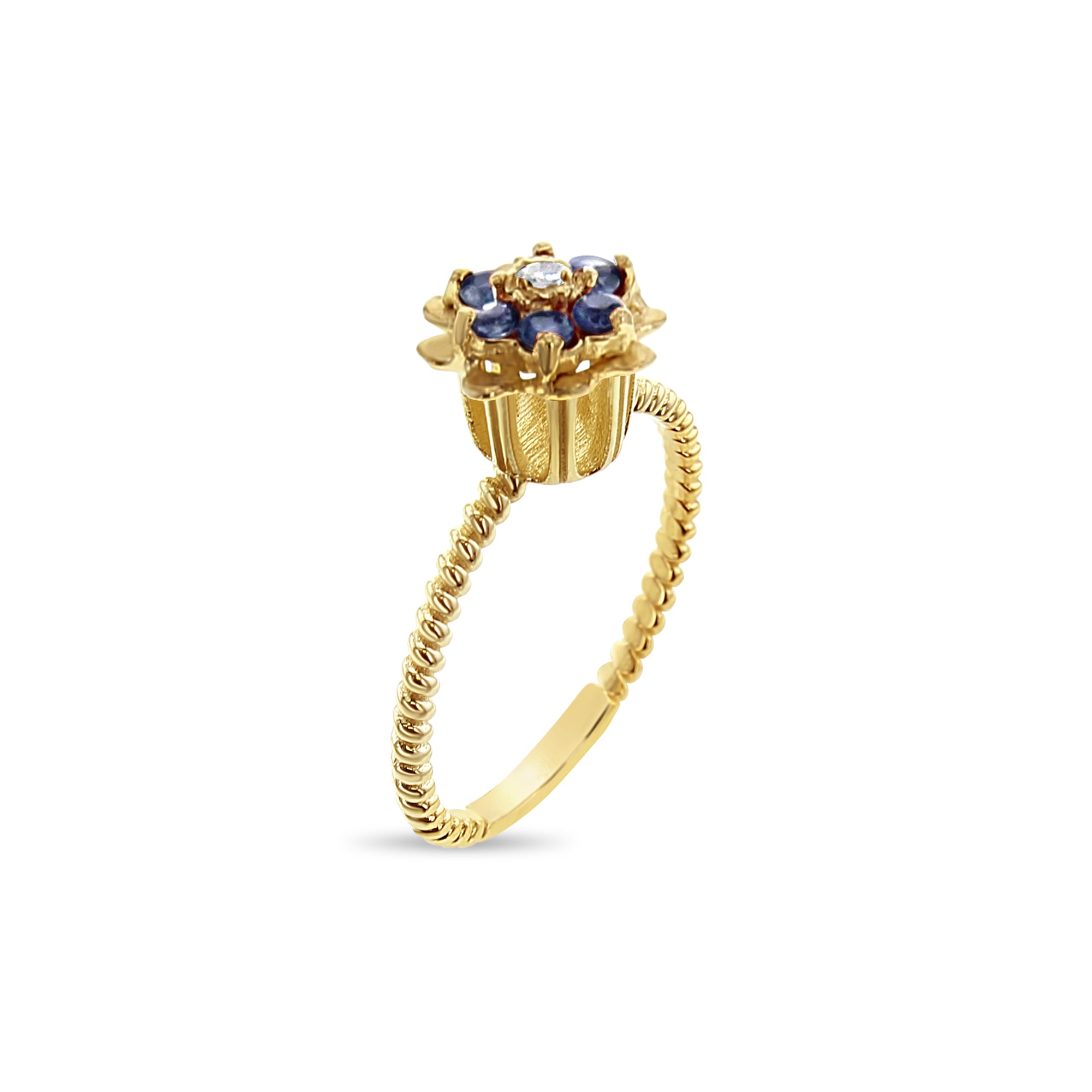 Anillo de oro amarillo de 14 k con flor de tulipán y zafiro