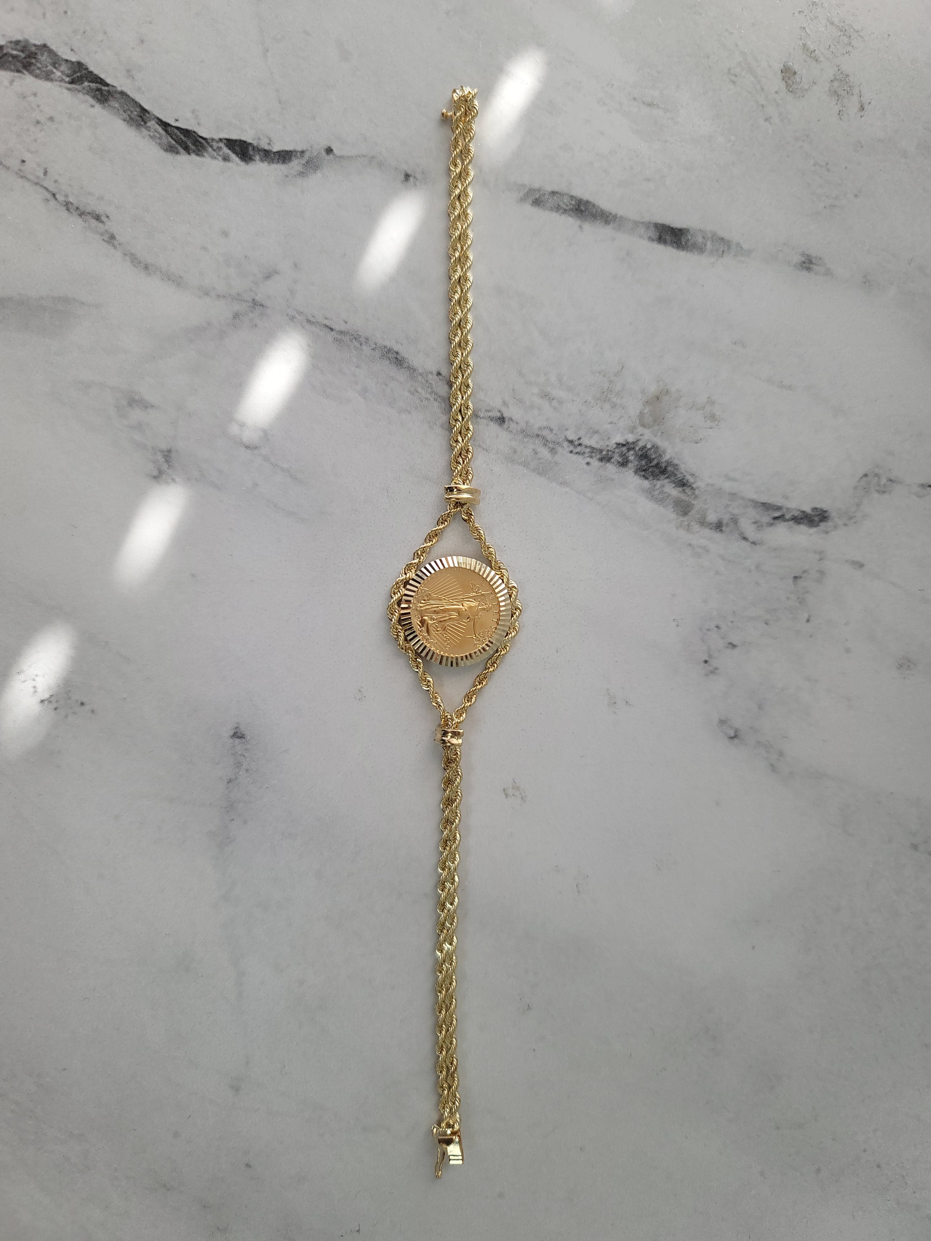 Pulsera con moneda estadounidense de Lady Liberty con bisel estriado y cadena tipo cuerda