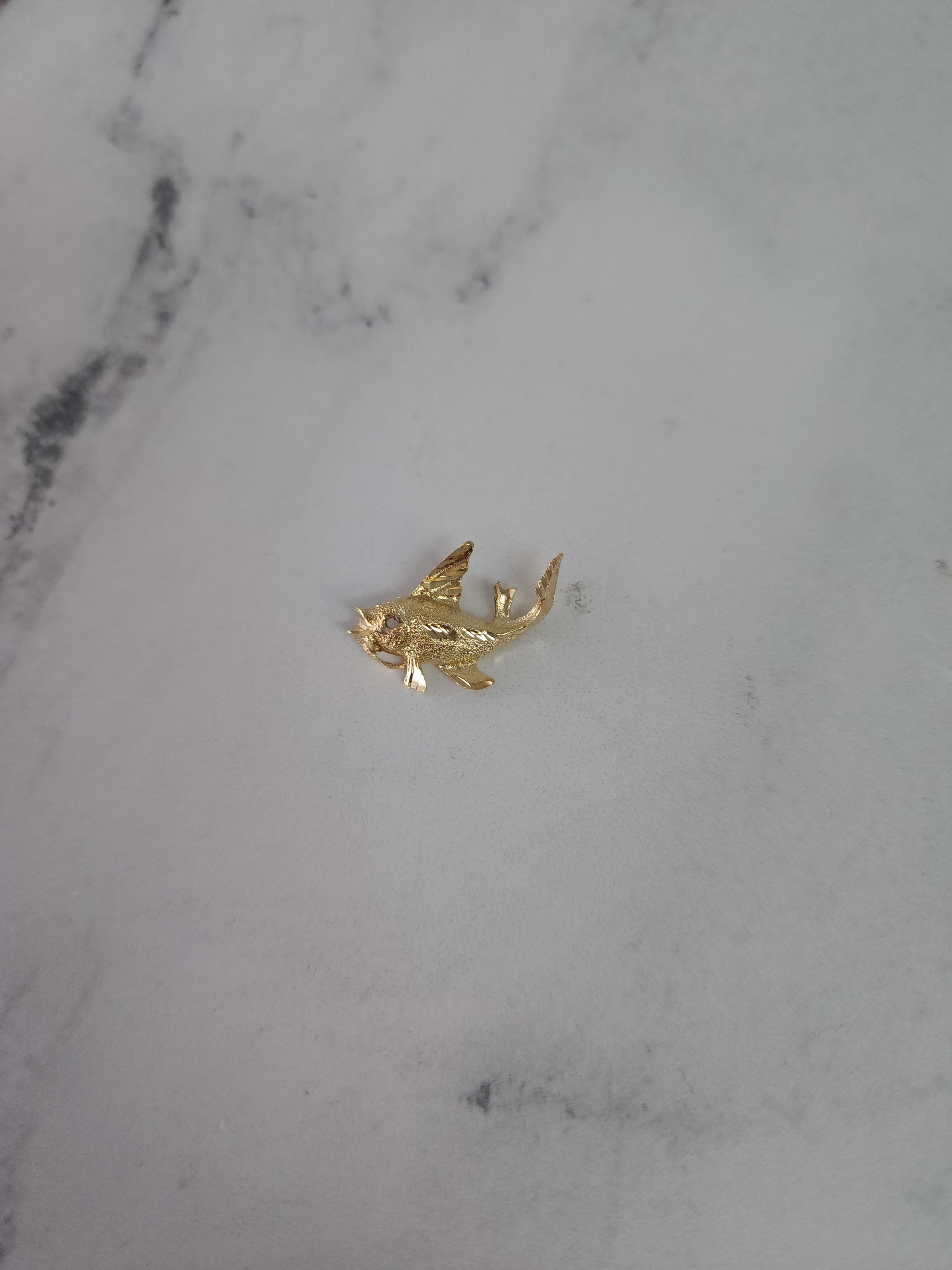 Sand Textured Fish Charm with Diamond Cuts 14k Yellow Gold