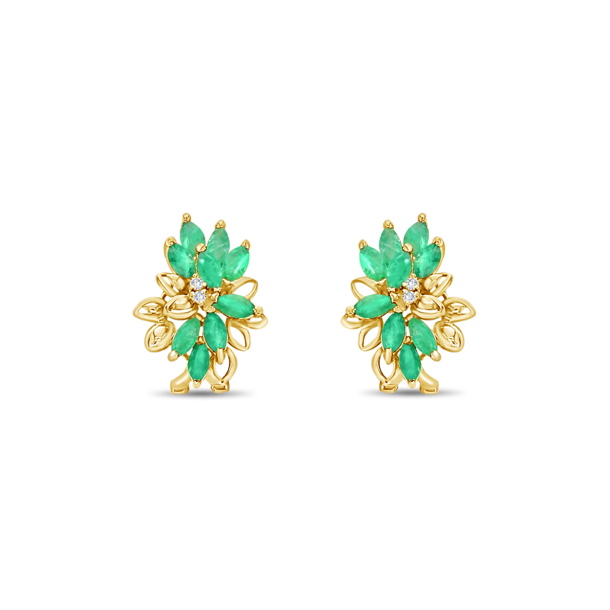 Emerald Cluster Floral Earrings 14k Yellow Gold