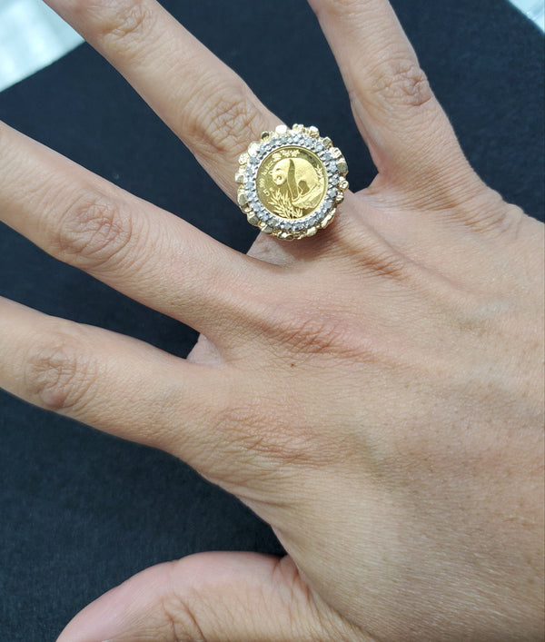 Panda Coin .999 Ring with Diamonds .25cttw & 14k Yellow Gold Nugget Bezel