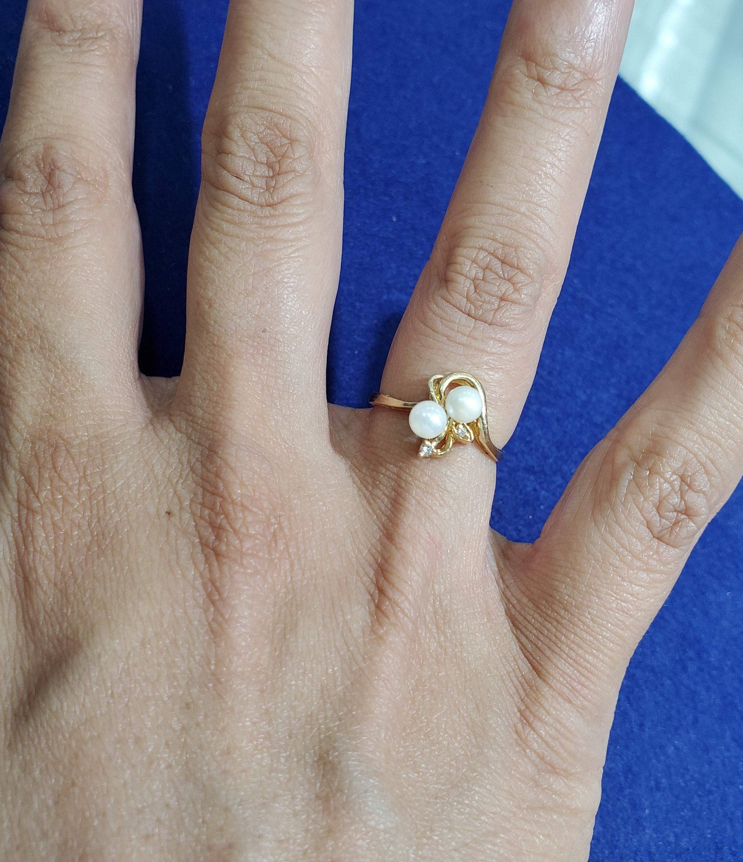 4MM Cultured Pearl Diamond Ring 14k Yellow Gold