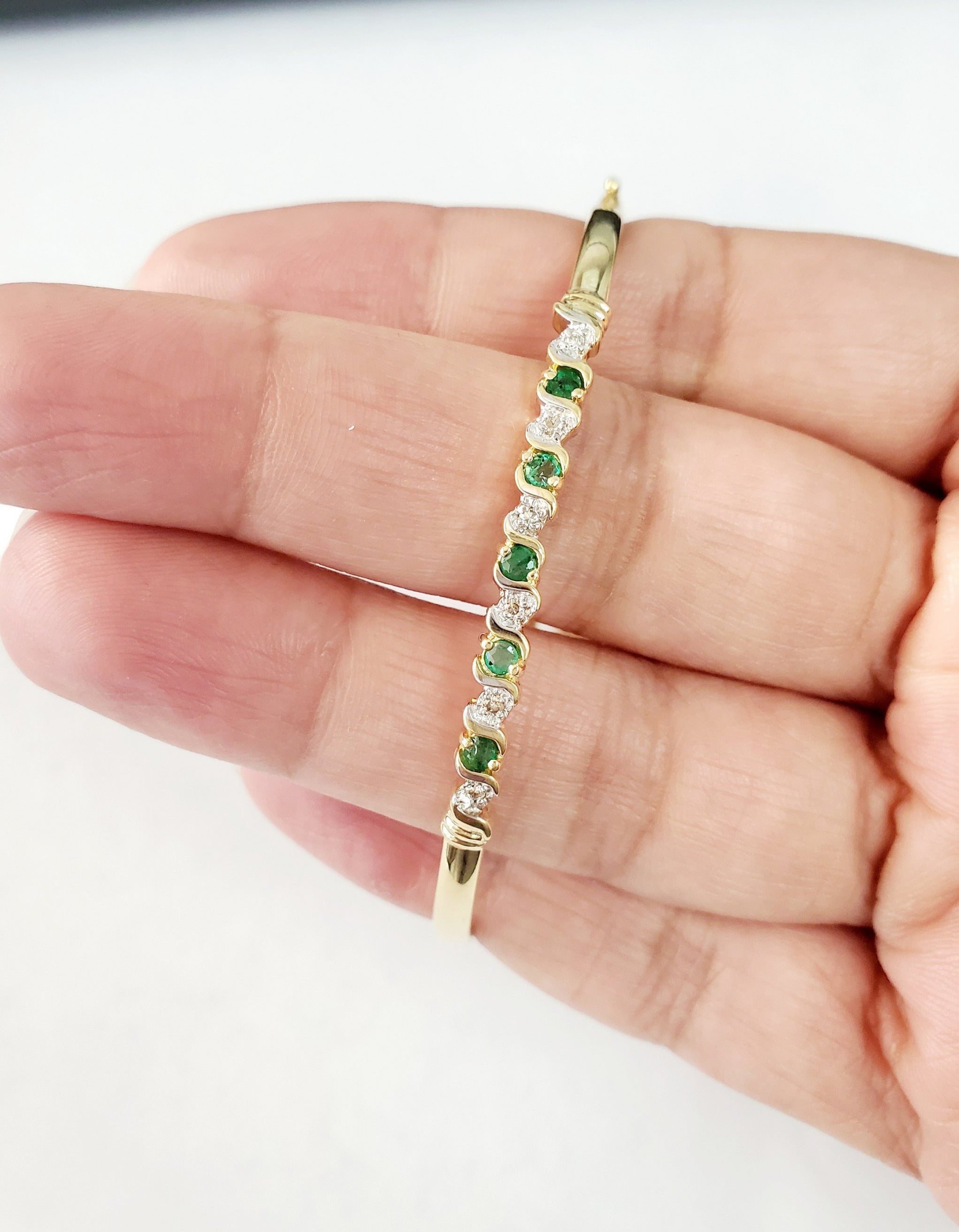 S Style Emerald Diamond Bangle .50cttw 14K Yellow Gold