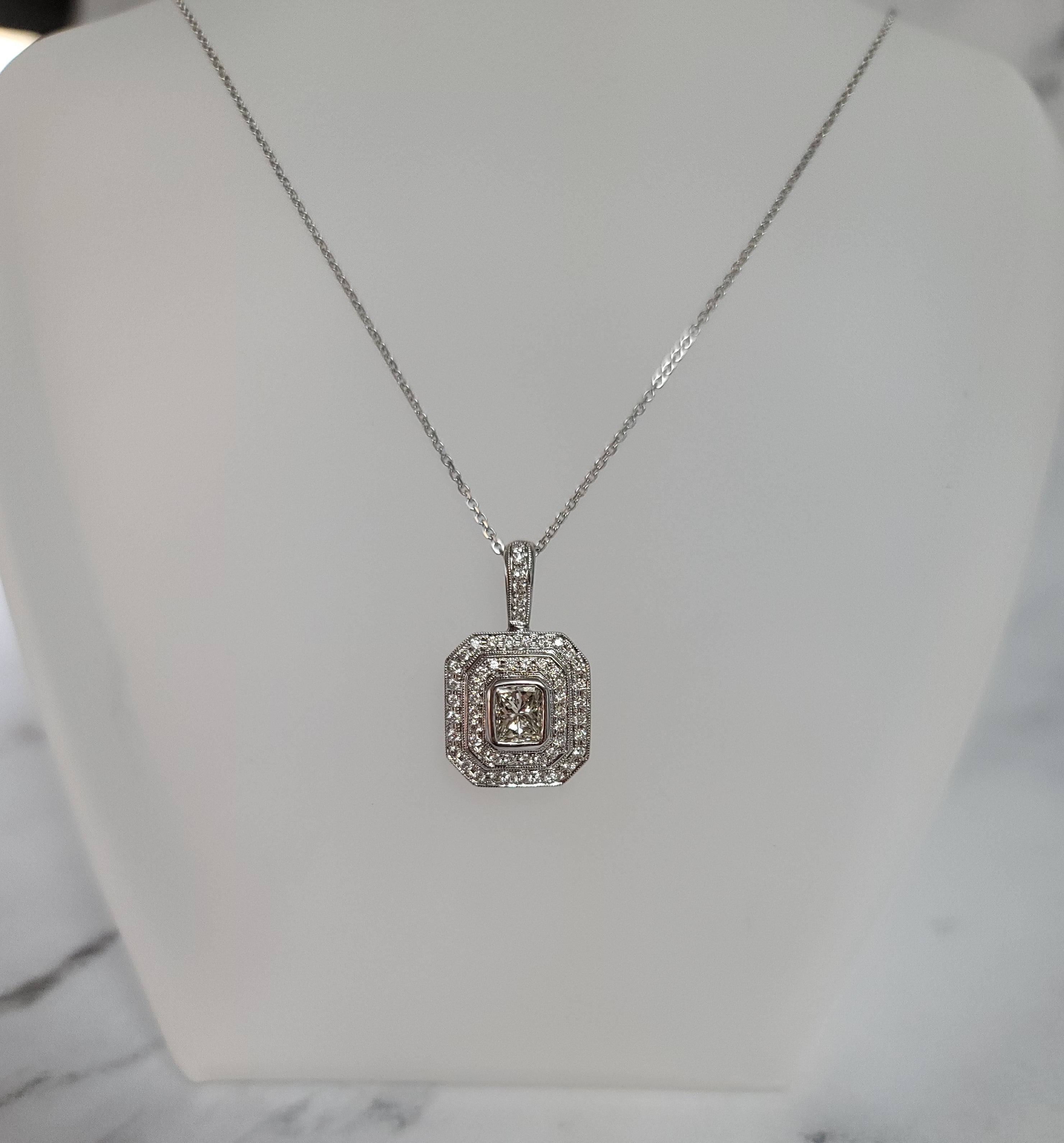 One Carat Princess Cut with Double Halo Pave Diamond Necklace 18k White Gold