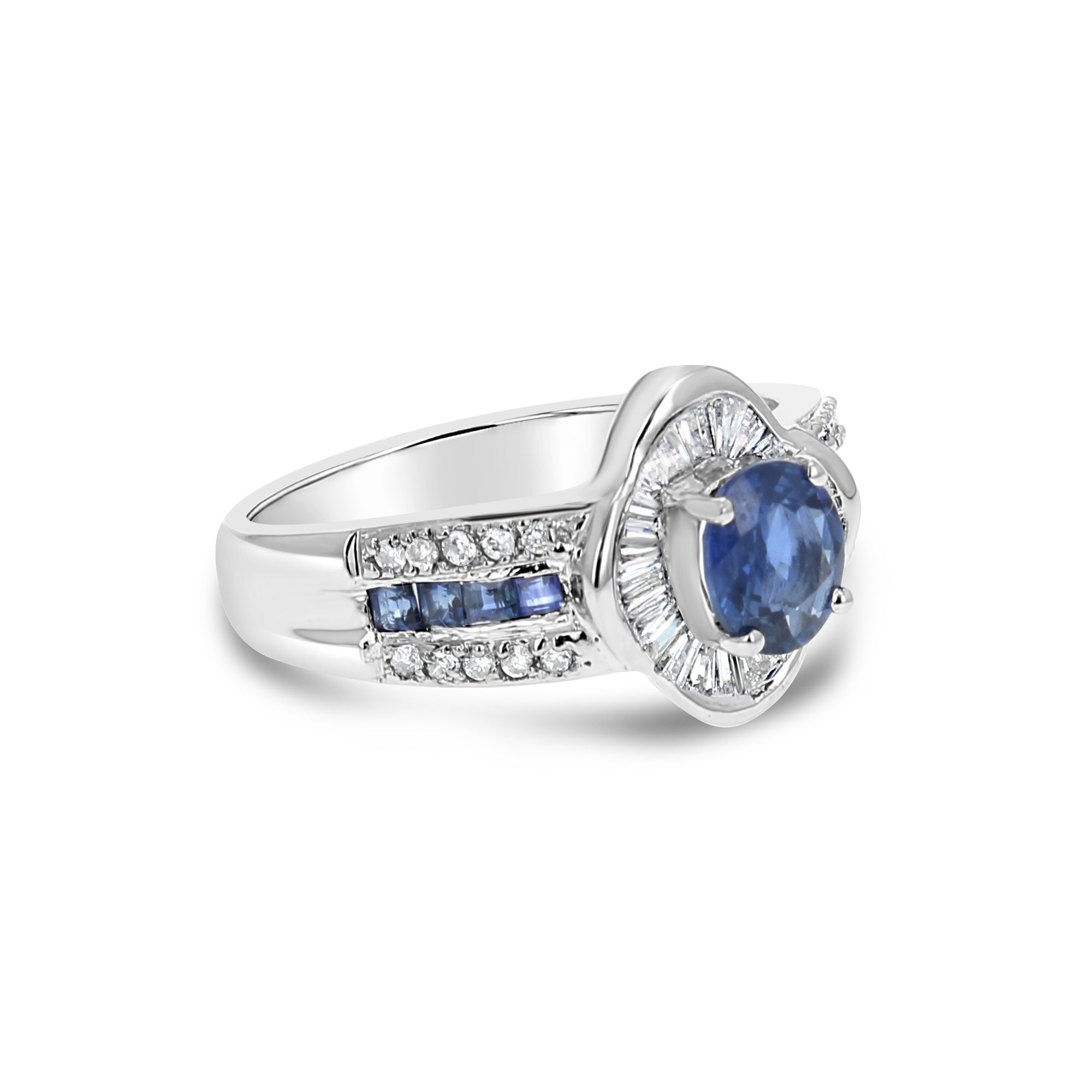 Anillo de compromiso con diamantes y zafiro en talla baguette de 1,60 ct en oro blanco de 18 k
