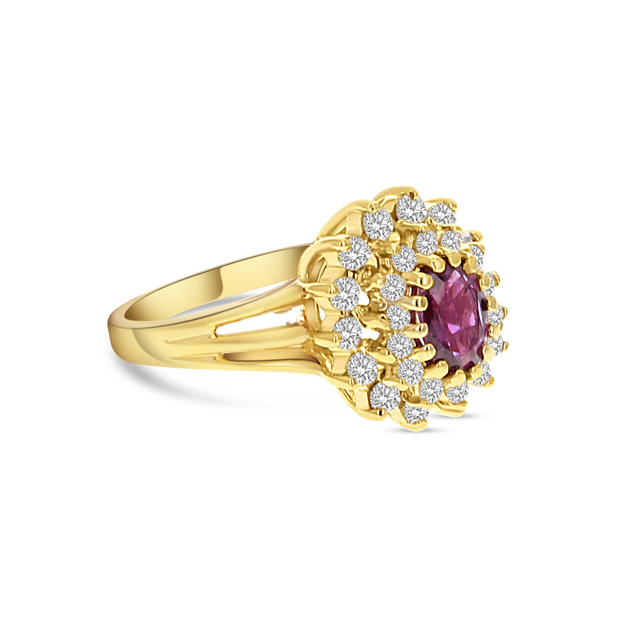 Anillo de compromiso con halo de diamantes y rubíes de 1,25 ct en oro amarillo de 14 k