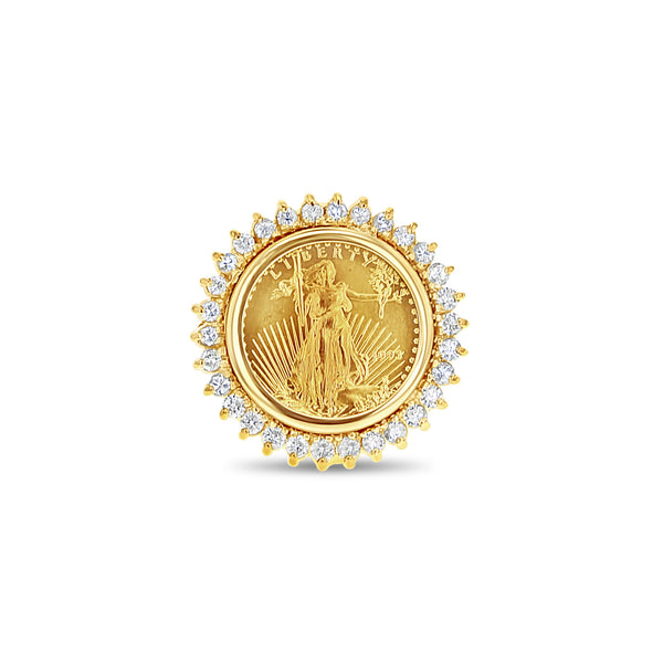 22K Fine Gold Lady Liberty Coin Ring w/ Diamond Halo 1/10 OZ US .66cttw 14k Yellow Gold - Queen of Gemz