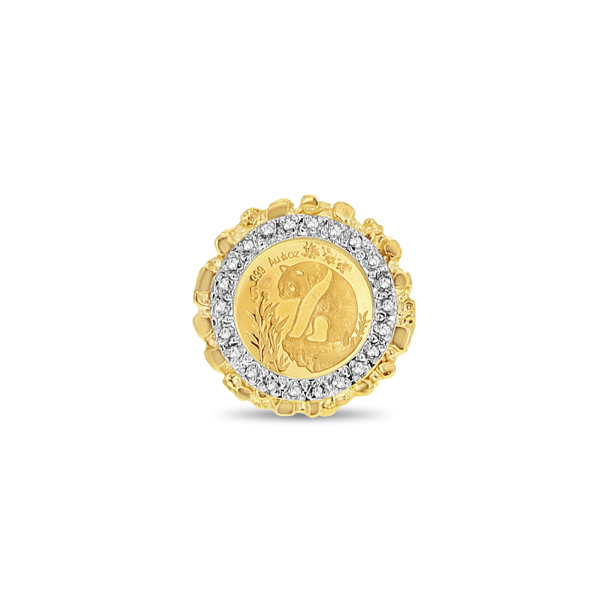 Panda Coin Ring with Diamond Halo 10k Yellow Gold Queen of