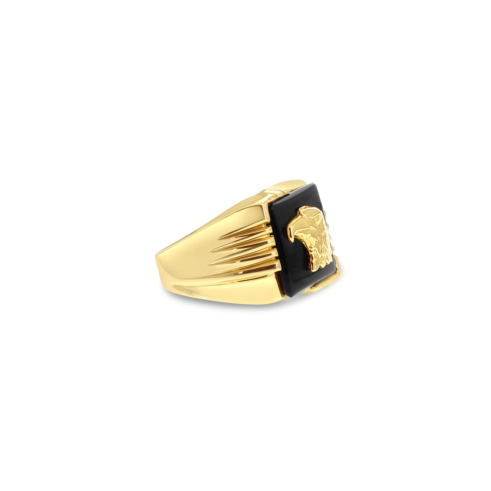Anillo de oro con cabeza de águila y ónix en oro amarillo de 14 k