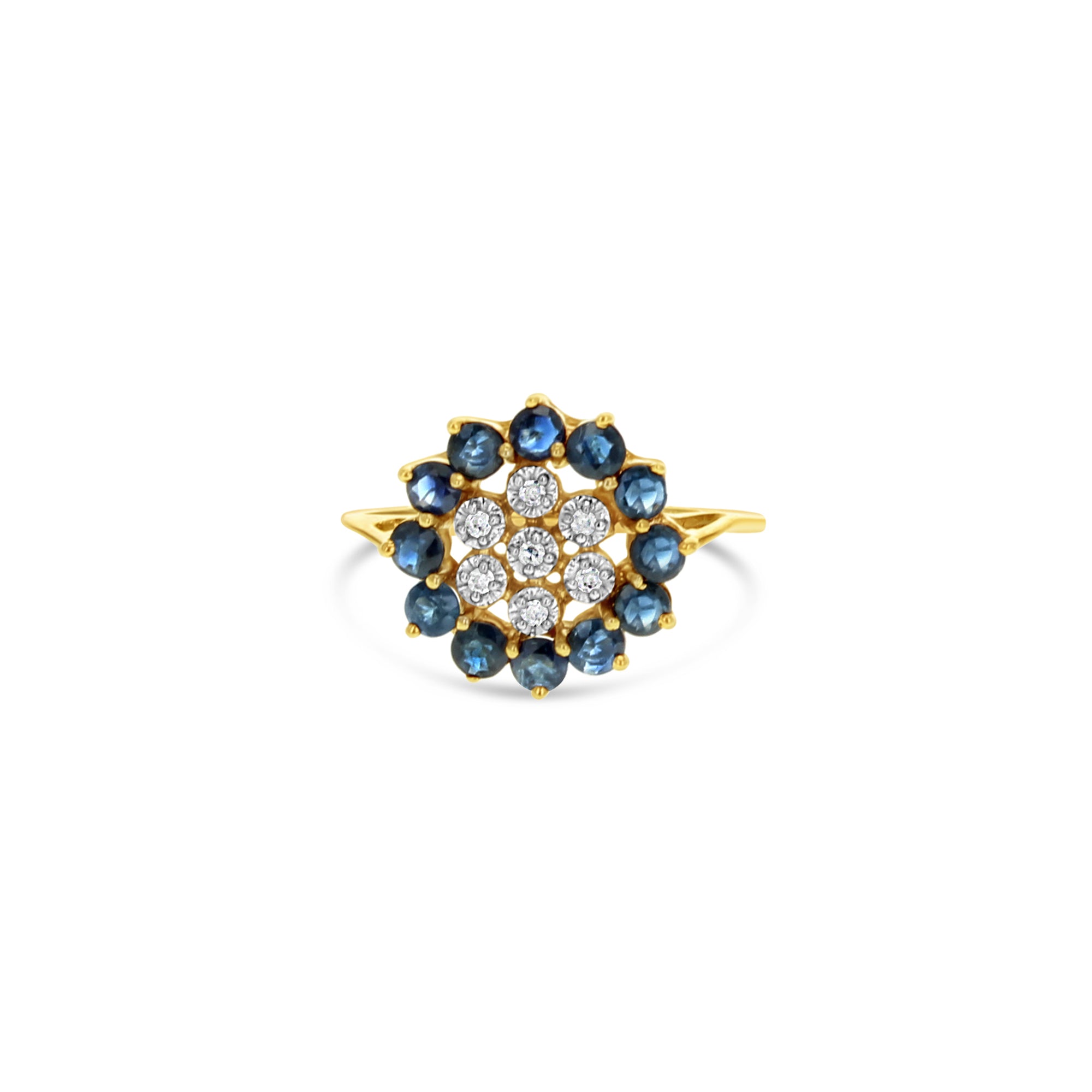 Sapphire Diamond Sunburst Ring 14k Yellow Gold