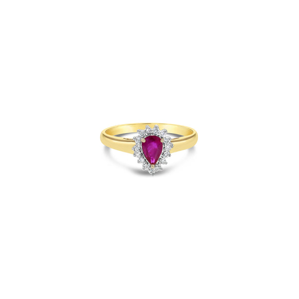 Pear Shaped Ruby Diamond Halo Ring