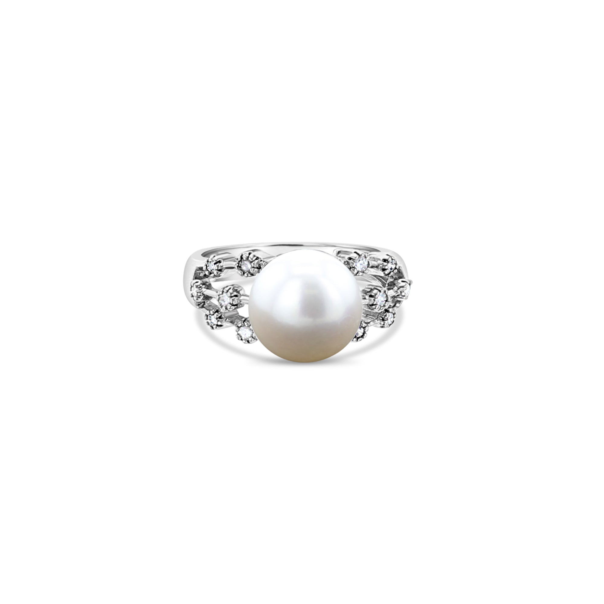 Bague en or blanc 14 carats avec diamants et perles d'eau douce blanches de 19 carats