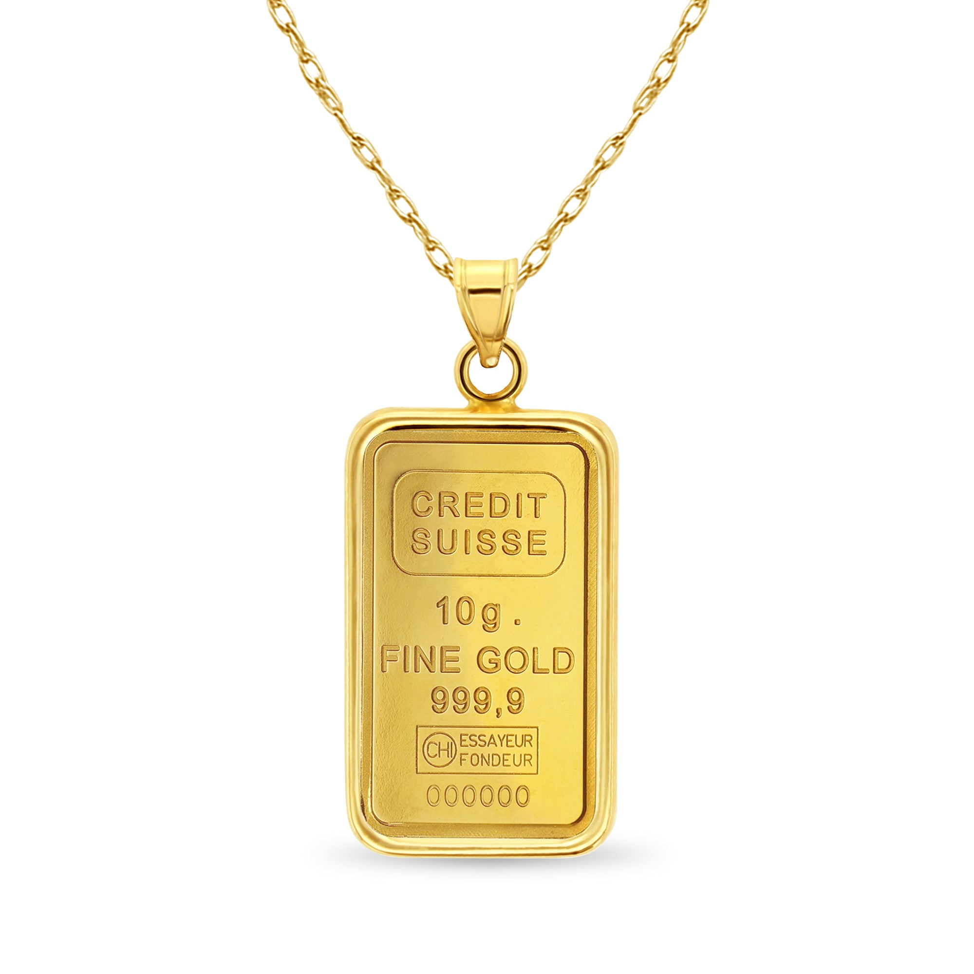 10 Gram Pamp Credit Suisse Gold Bar with Polished Bezel Necklace