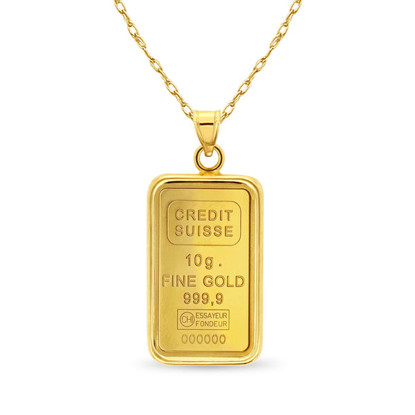 10 Gram Credit Suisse Gold Bar with Polished Bezel Necklace