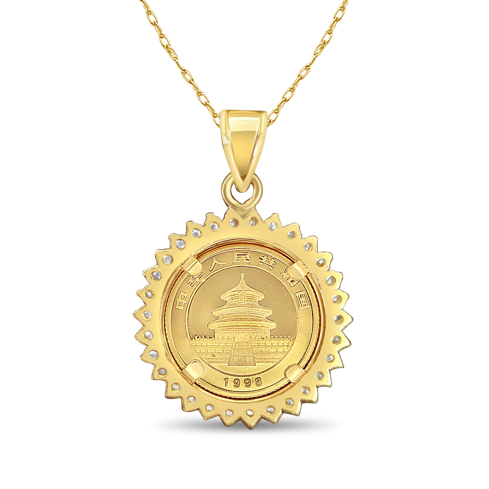 One Tenth Ounce Chinese Panda Gold Coin Diamond Halo Necklace