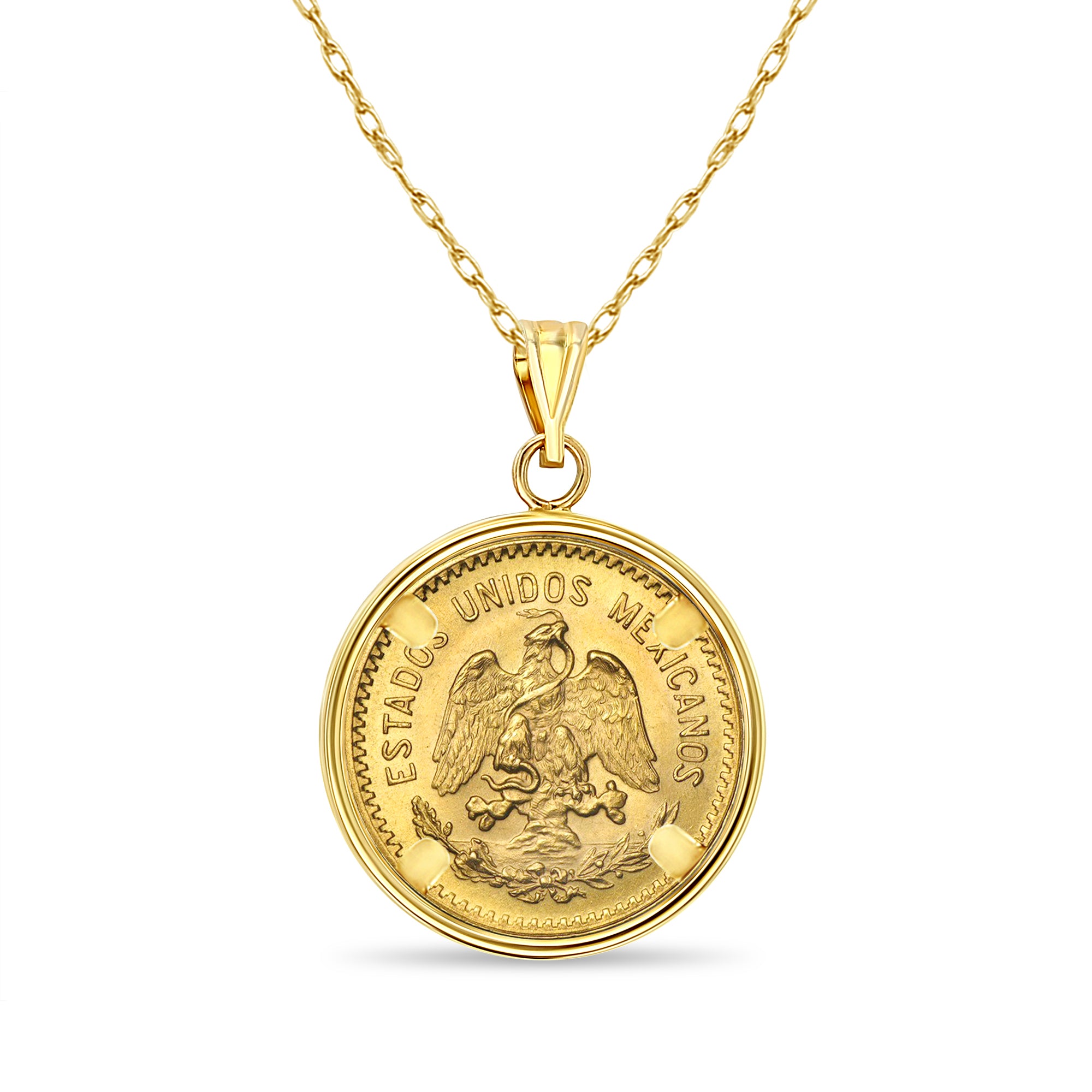 Collar con moneda de oro de diez pesos y bisel pulido en oro amarillo de 14 k