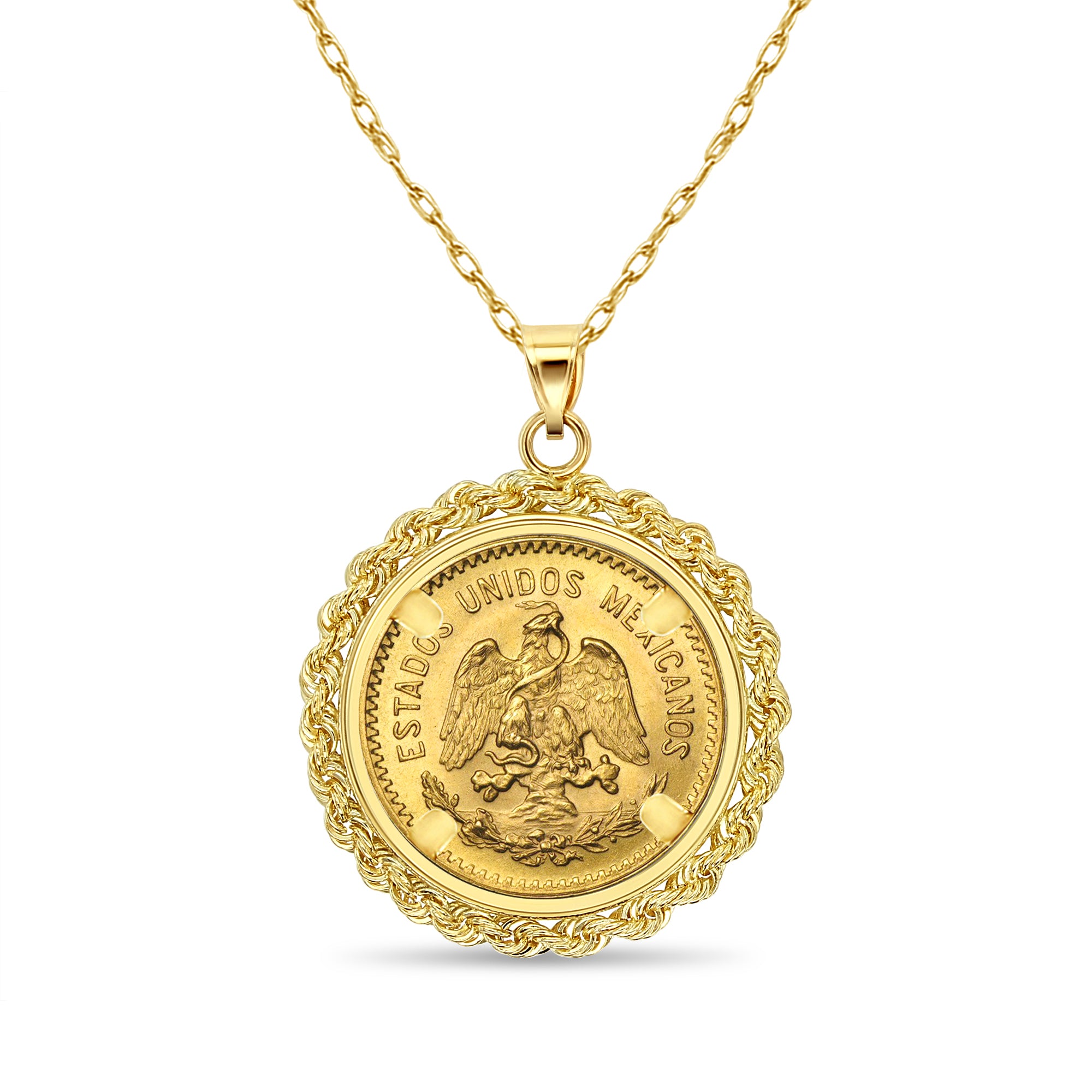 Diez Pesos Gold Coin with Rope Bezel Necklace 14k Yellow Gold