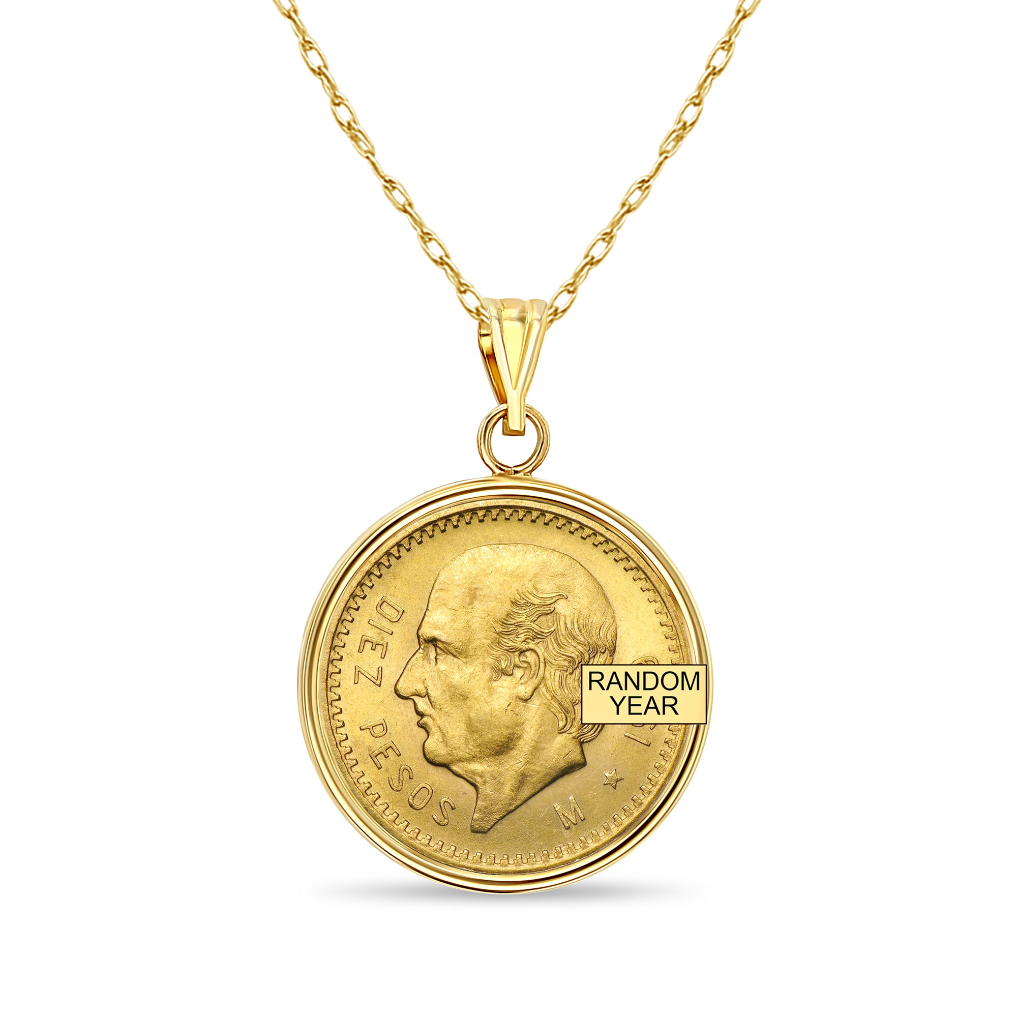 Collar con moneda de oro de diez pesos y bisel pulido en oro amarillo de 14 k