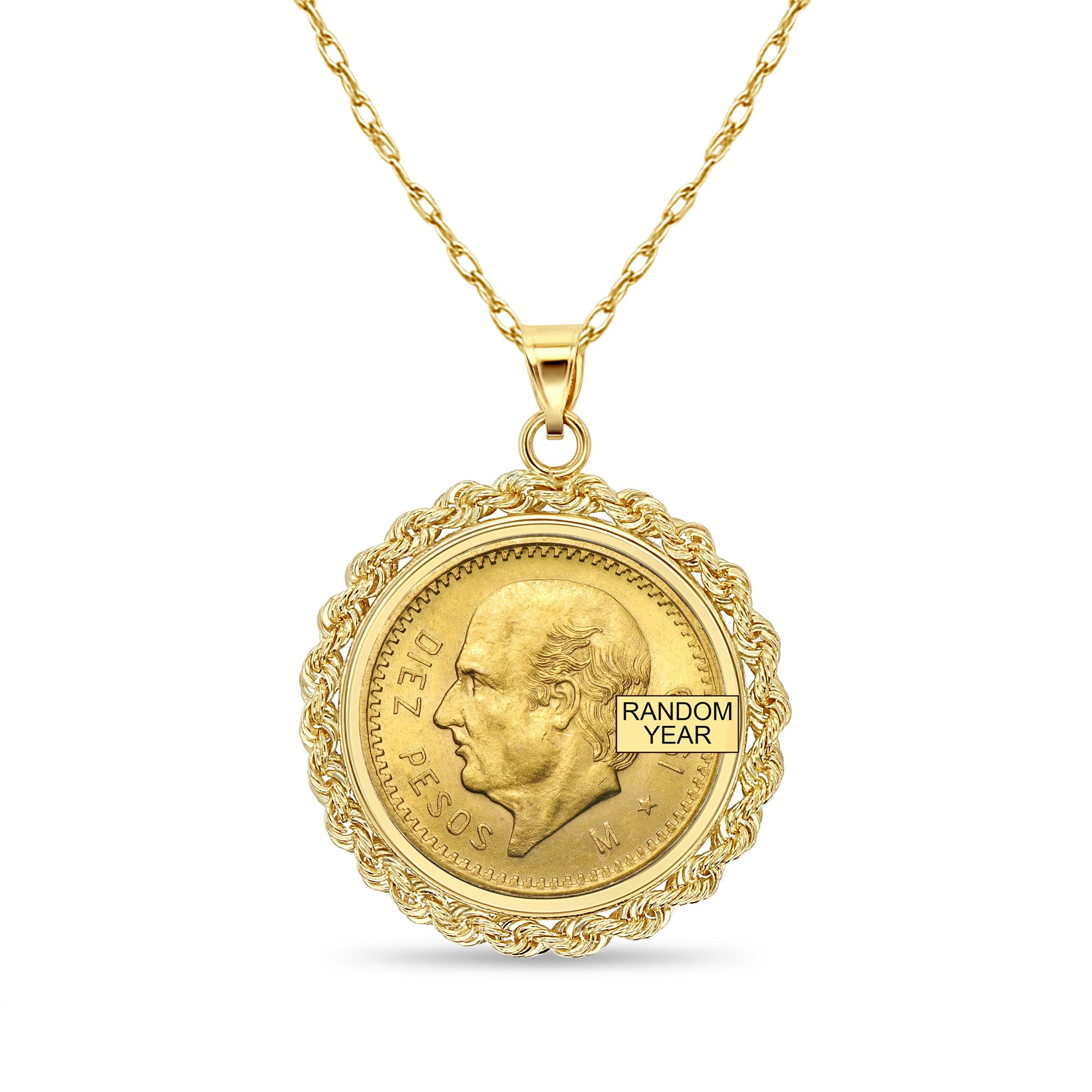 Diez Pesos Gold Coin with Rope Bezel Necklace 14k Yellow Gold