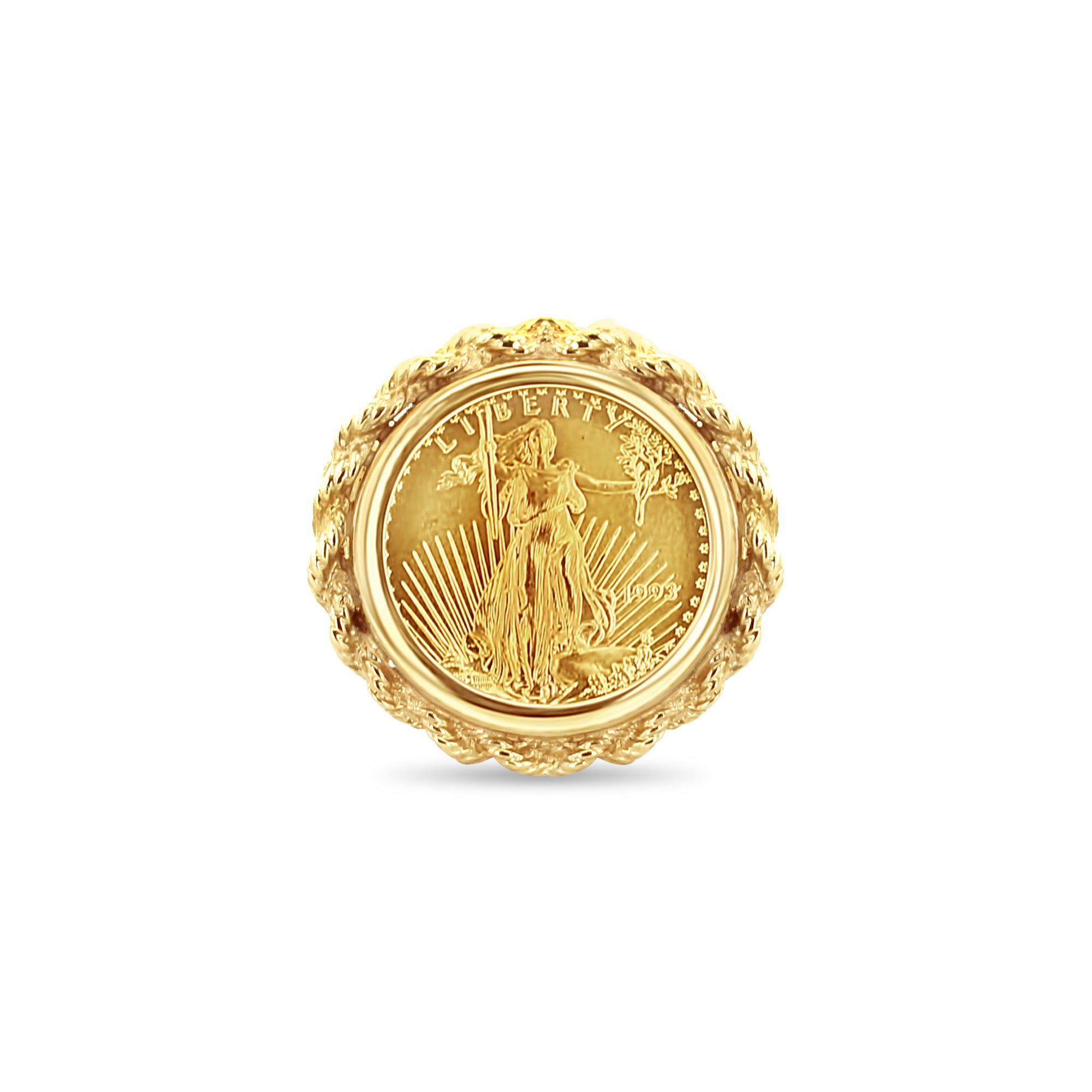 Bague avec cadre en corde représentant une pièce de monnaie représentant la Dame de la Liberté et l'aigle américain