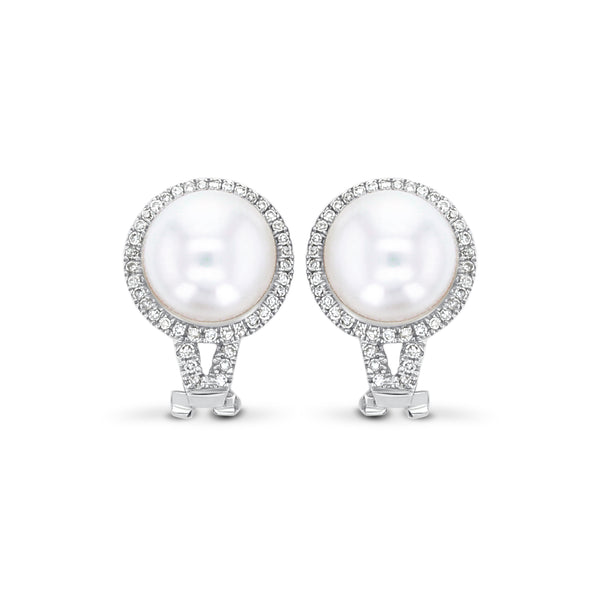 Freshwater Pearl Diamond Halo Earrings .40cttw 14k White Gold