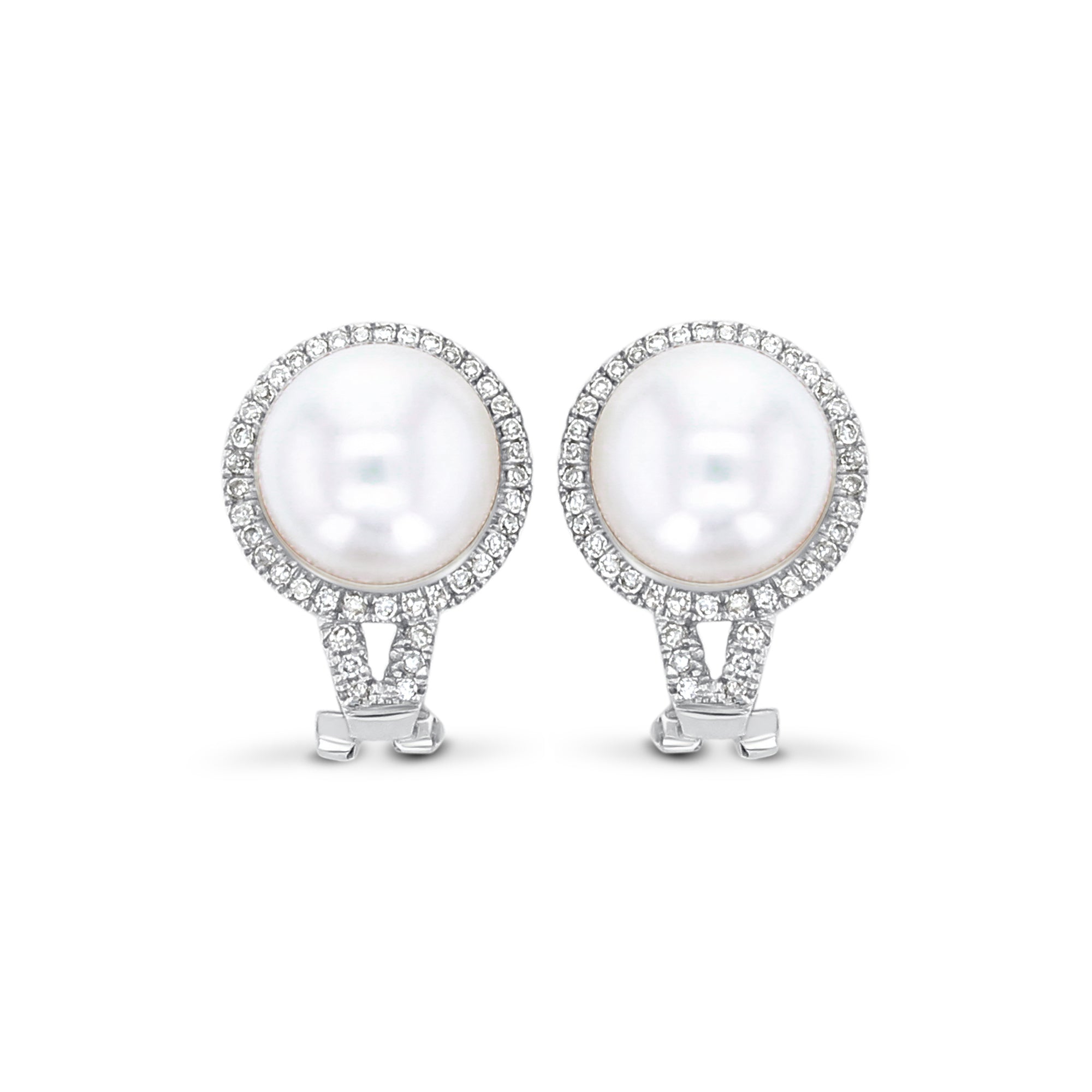 Boucles d'oreilles halo de diamants et perles d'eau douce 0,40 ct en or blanc 14 carats