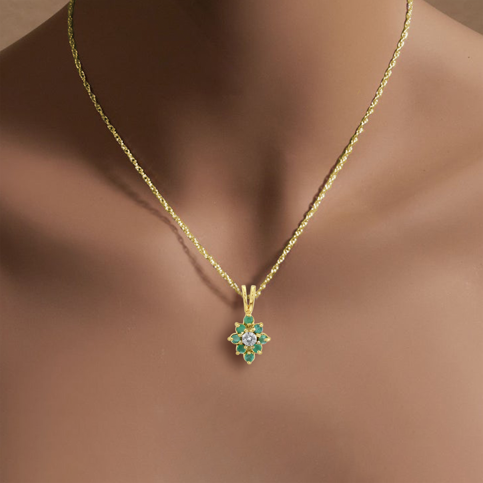 Emerald Cluster Necklace 10k Yellow Gold