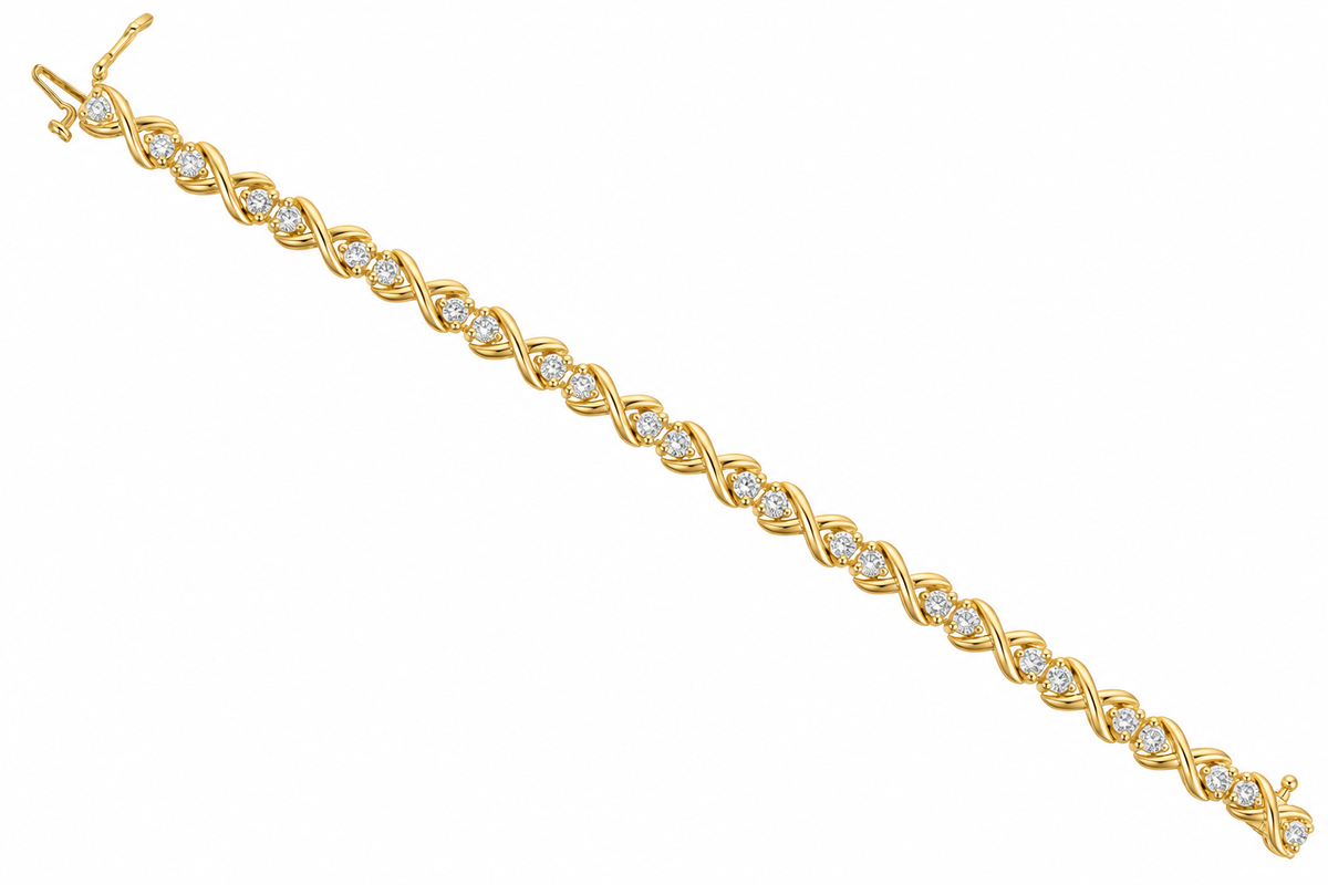 A yellow gold tennis bracelet featuring a twisted infinity pattern set with small round clear gemstones, shown on a plain white background.