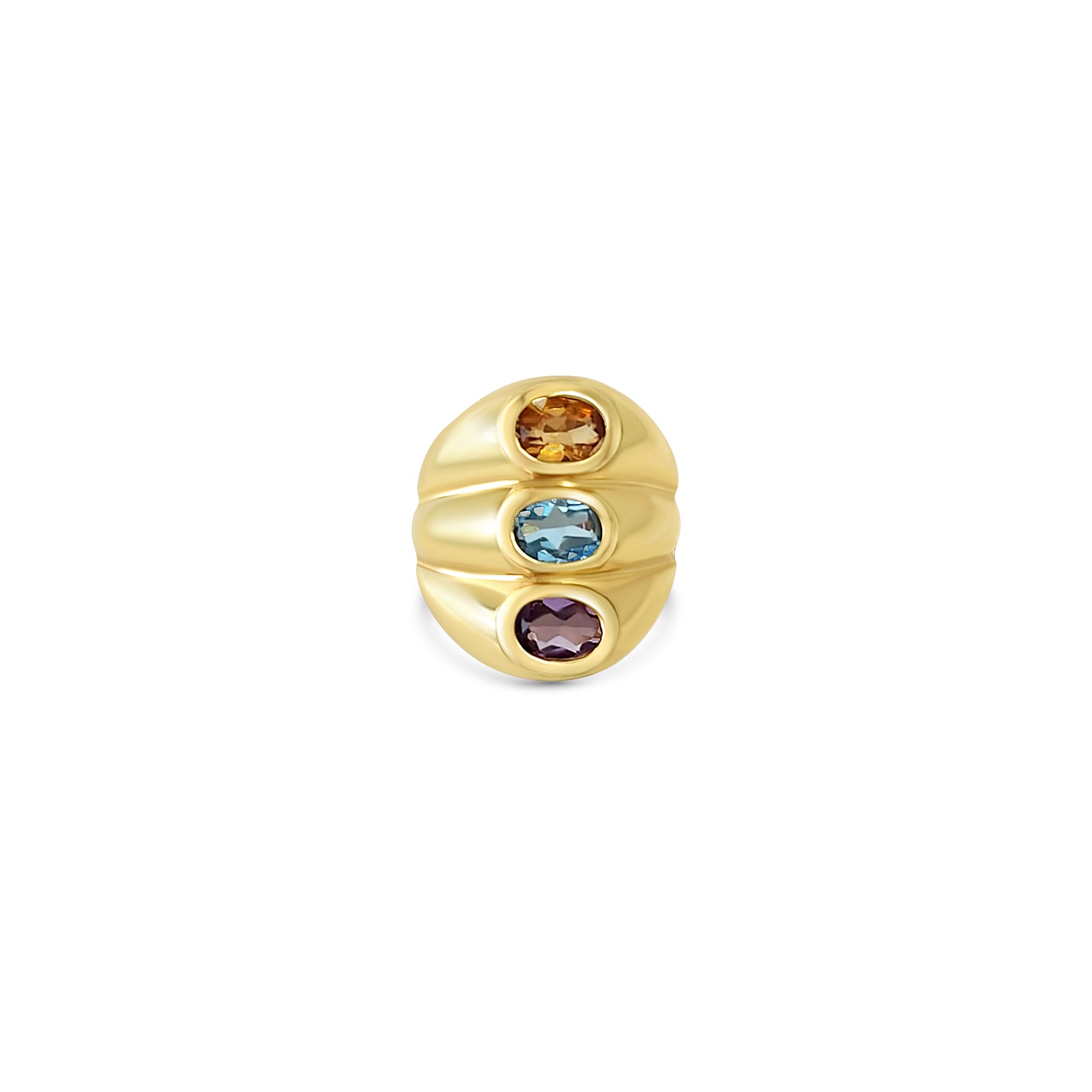 Anillo de amatista, citrino y topacio azul en oro amarillo de 14 k