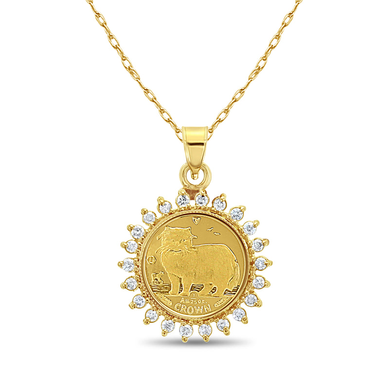 Queen Elizabeth Isle of Man Gold Coin Necklace with Diamond Halo