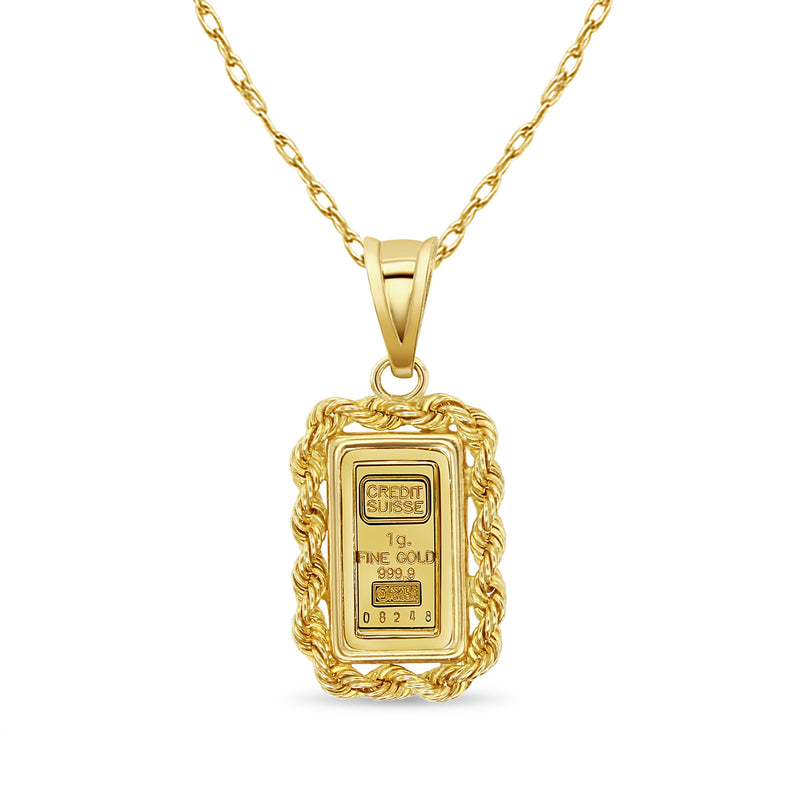 1 Gram Credit Suisse Gold Bar with 4MM Rope Bezel 14k Yellow Gold