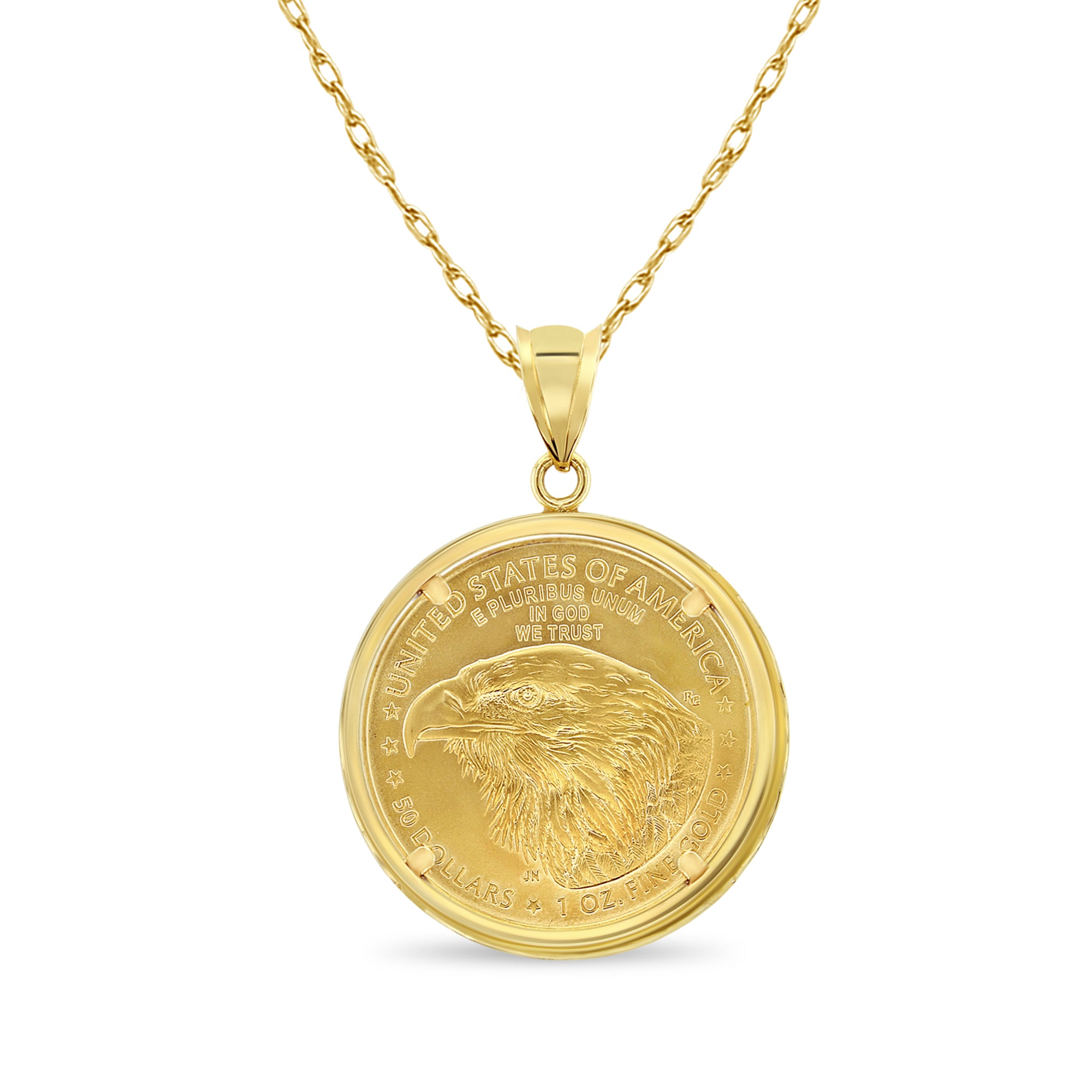 Collar con moneda de águila voladora de la Estatua de la Libertad de 1 oz con bisel pulido