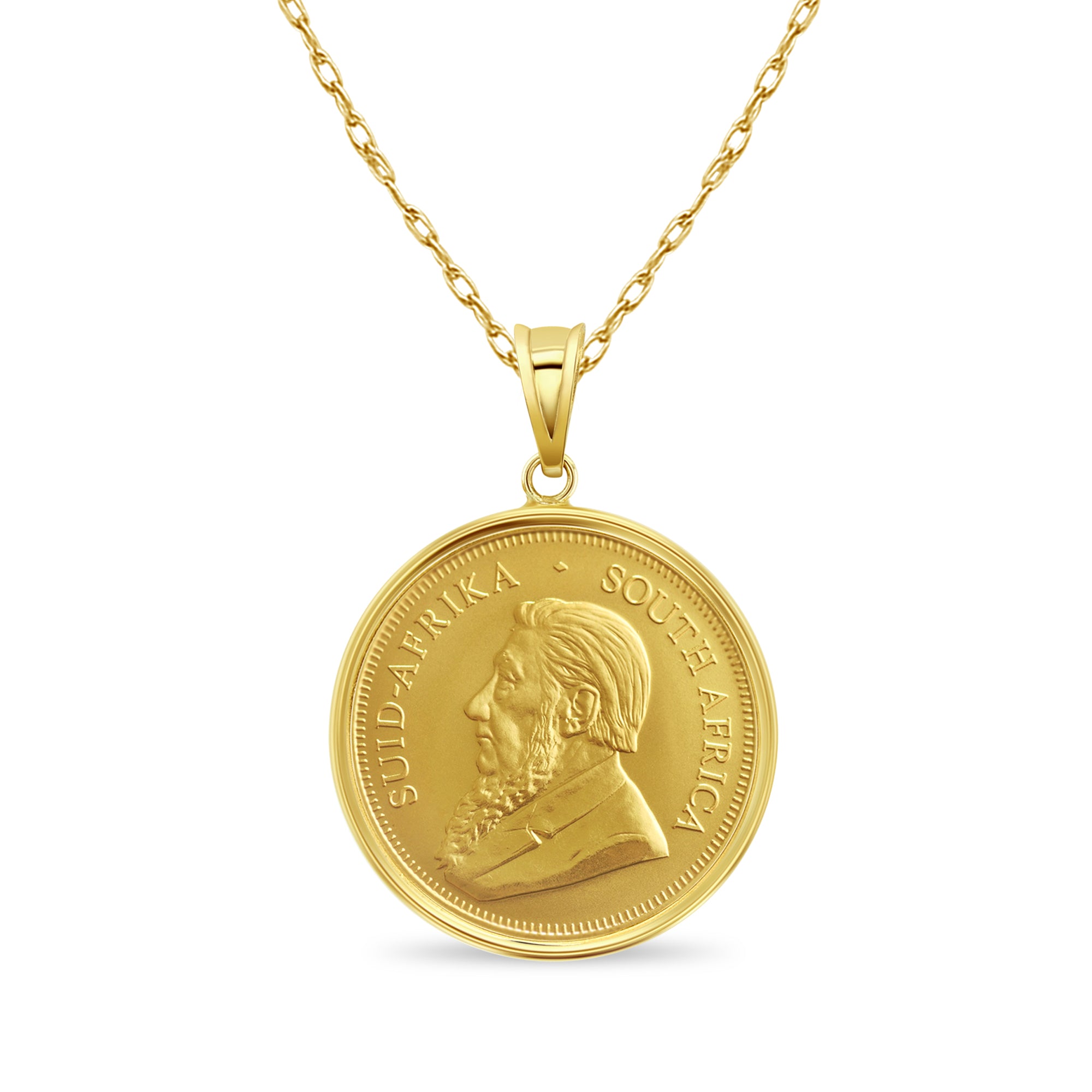 Collar con moneda Krugerrand sudafricana de oro fino de 1 oz con bisel pulido