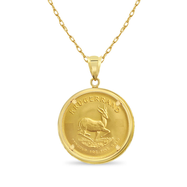 1OZ Fine Gold South African Krugerrand Coin Necklace with Polished Bezel