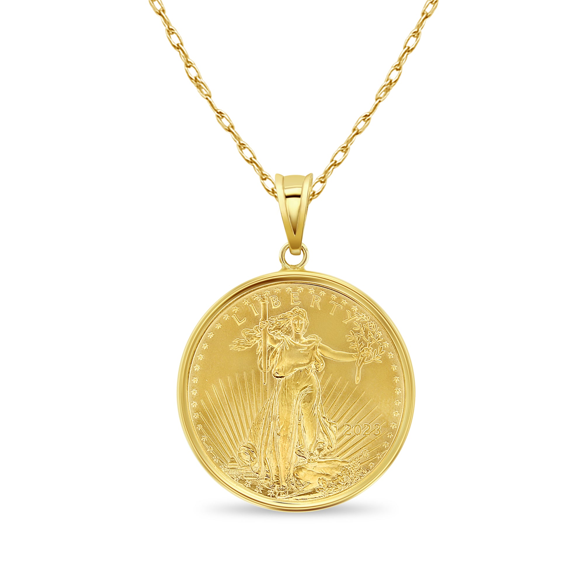 Collar con moneda de águila voladora de la Estatua de la Libertad de 1 oz con bisel pulido