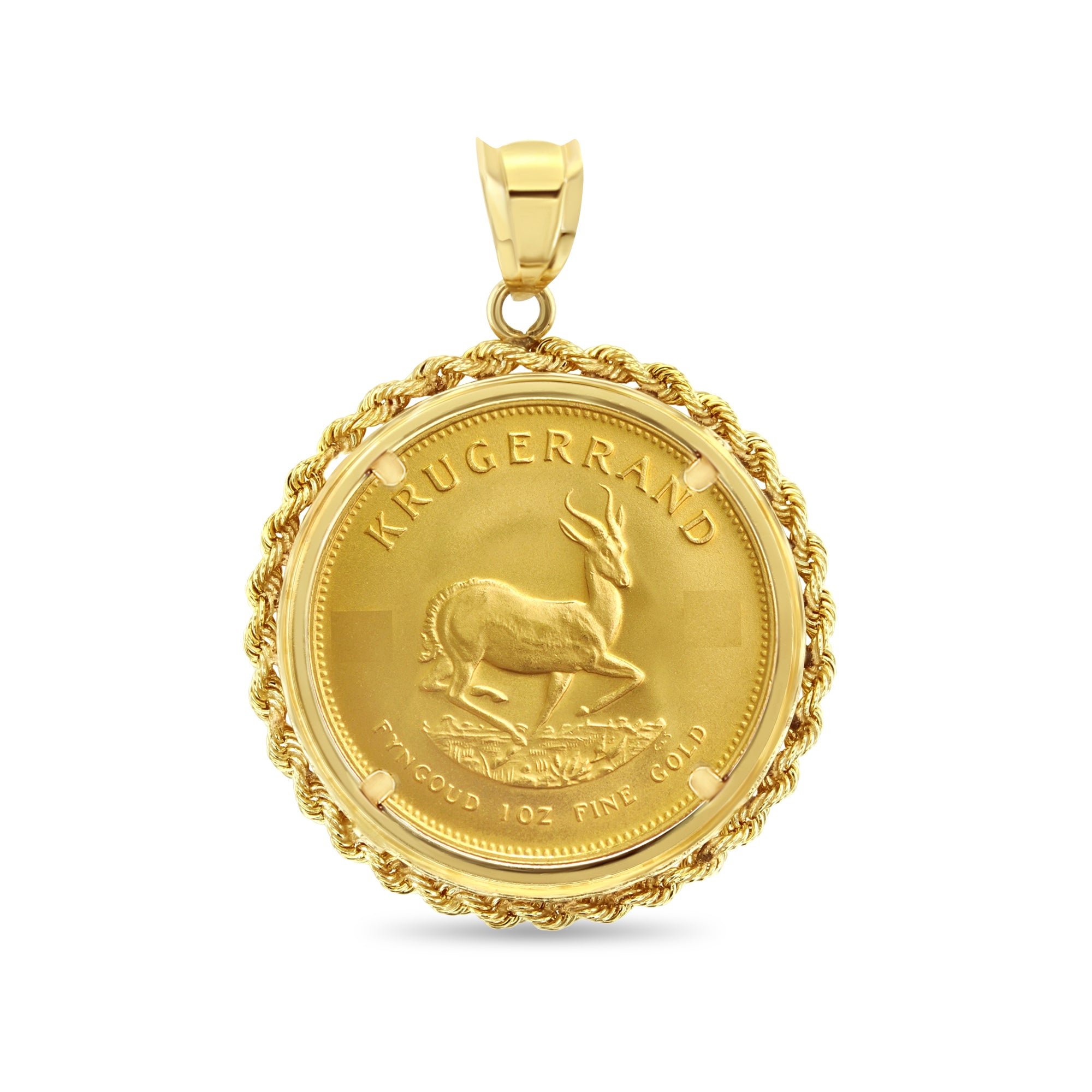 1OZ Fine Gold South African Krugerrand Coin Necklace with Rope Bezel