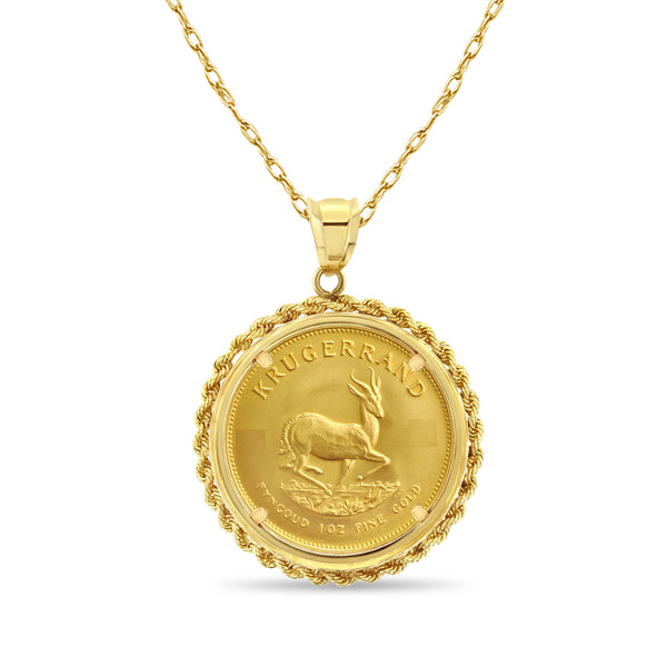 1OZ Fine Gold South African Krugerrand Coin Necklace with Rope Bezel