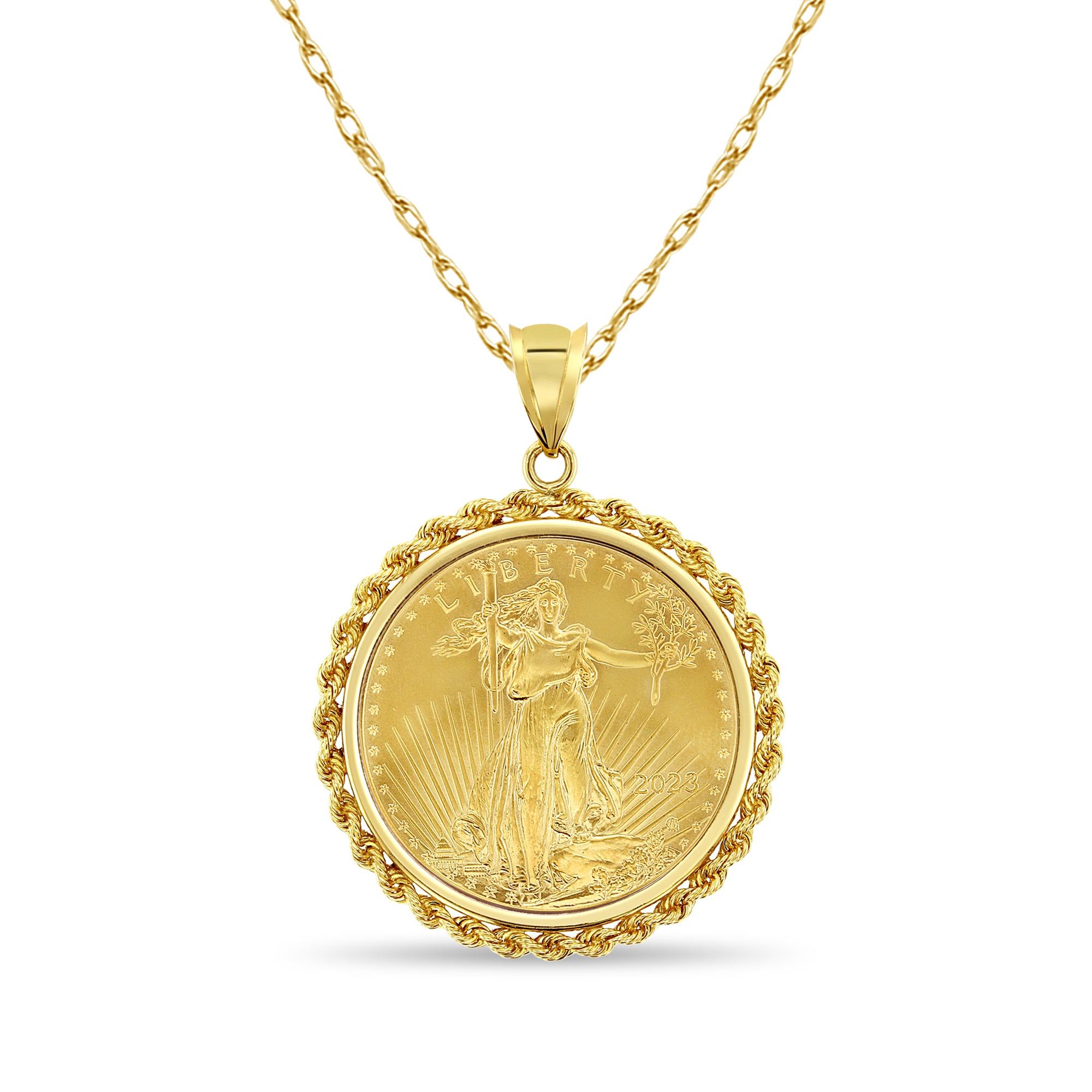 Collar con medallón de la Dama de la Libertad en oro fino de 1 oz con halo de cuerda