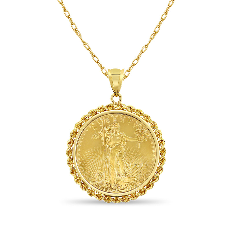 1OZ Fine Gold Lady Liberty Medallion Necklace Rope Halo