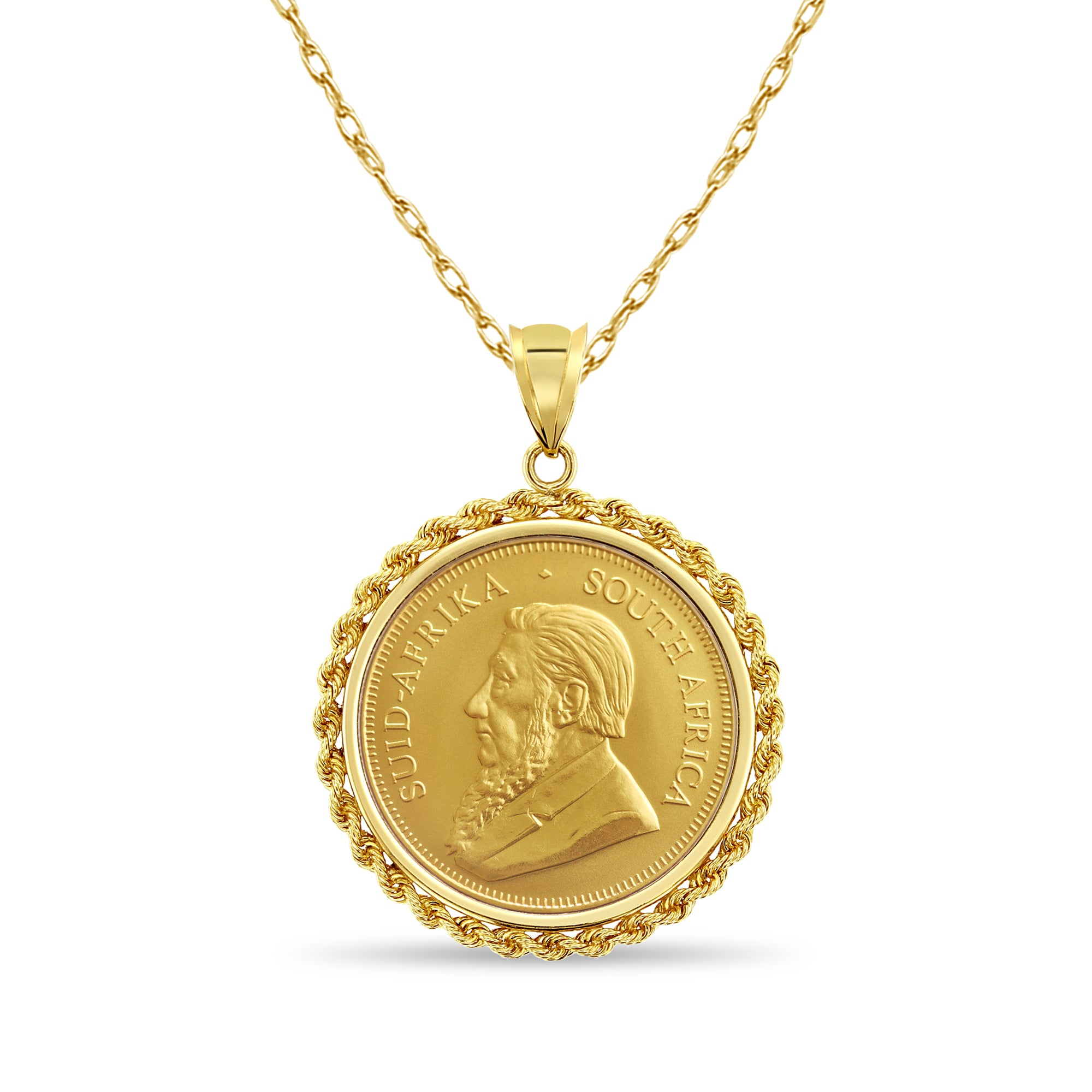 1OZ Fine Gold South African Krugerrand Coin Necklace with Rope Bezel