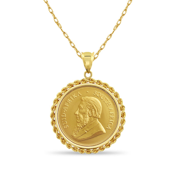 1OZ Fine Gold South African Krugerrand Coin Necklace with Rope Bezel